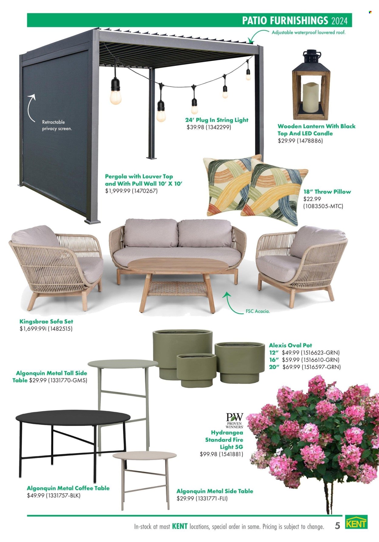thumbnail - Kent Flyer - April 18, 2024 - May 29, 2024 - Sales products - plug, pillow, blanket, seating set, coffee table, table, sofa, lantern, LED light, string lights, pergola, hydrangea, outdoor plant. Page 5.