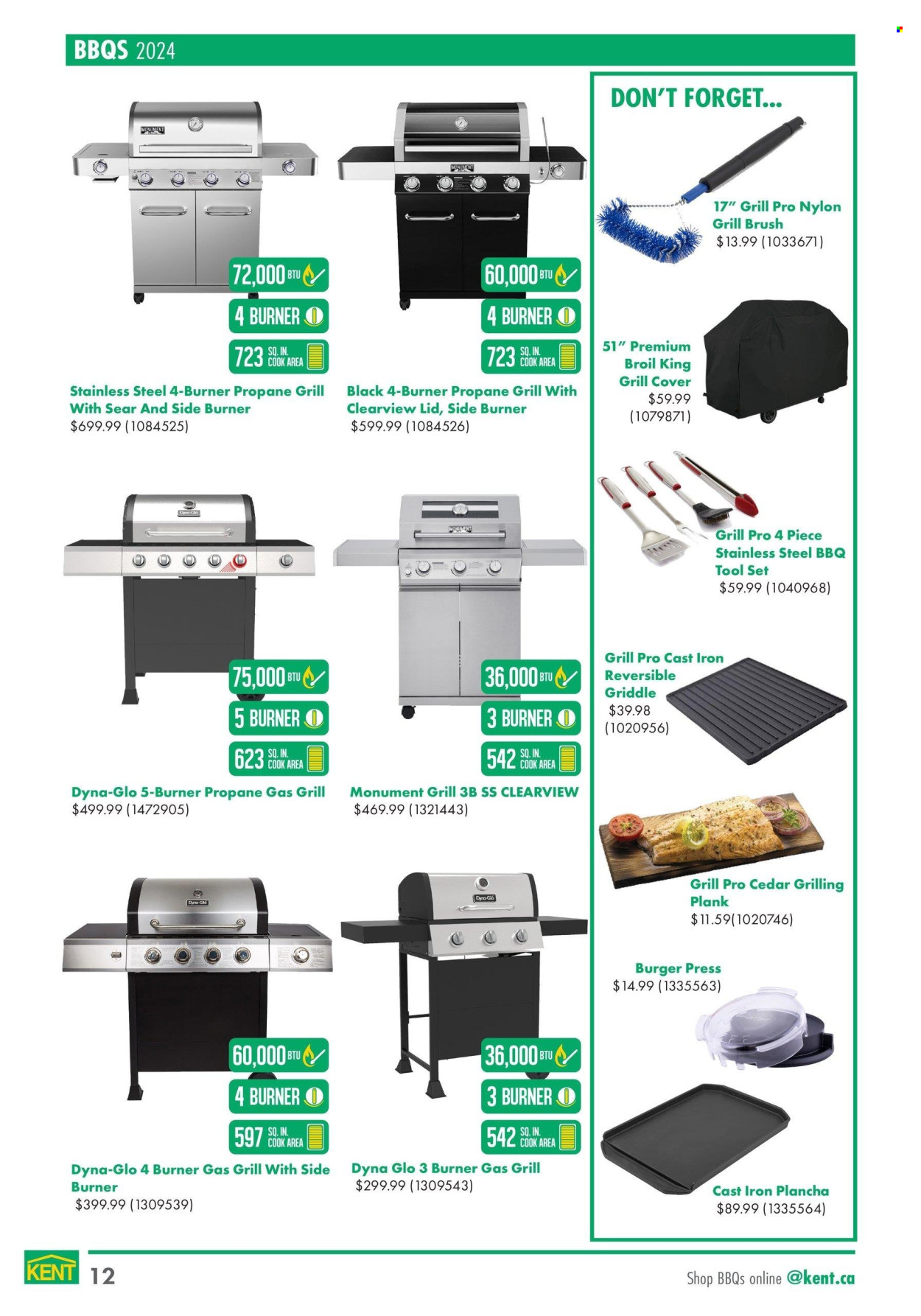 thumbnail - Kent Flyer - April 18, 2024 - May 29, 2024 - Sales products - brush, gas grill, grill, grill accessories, griddle, grill cover. Page 12.