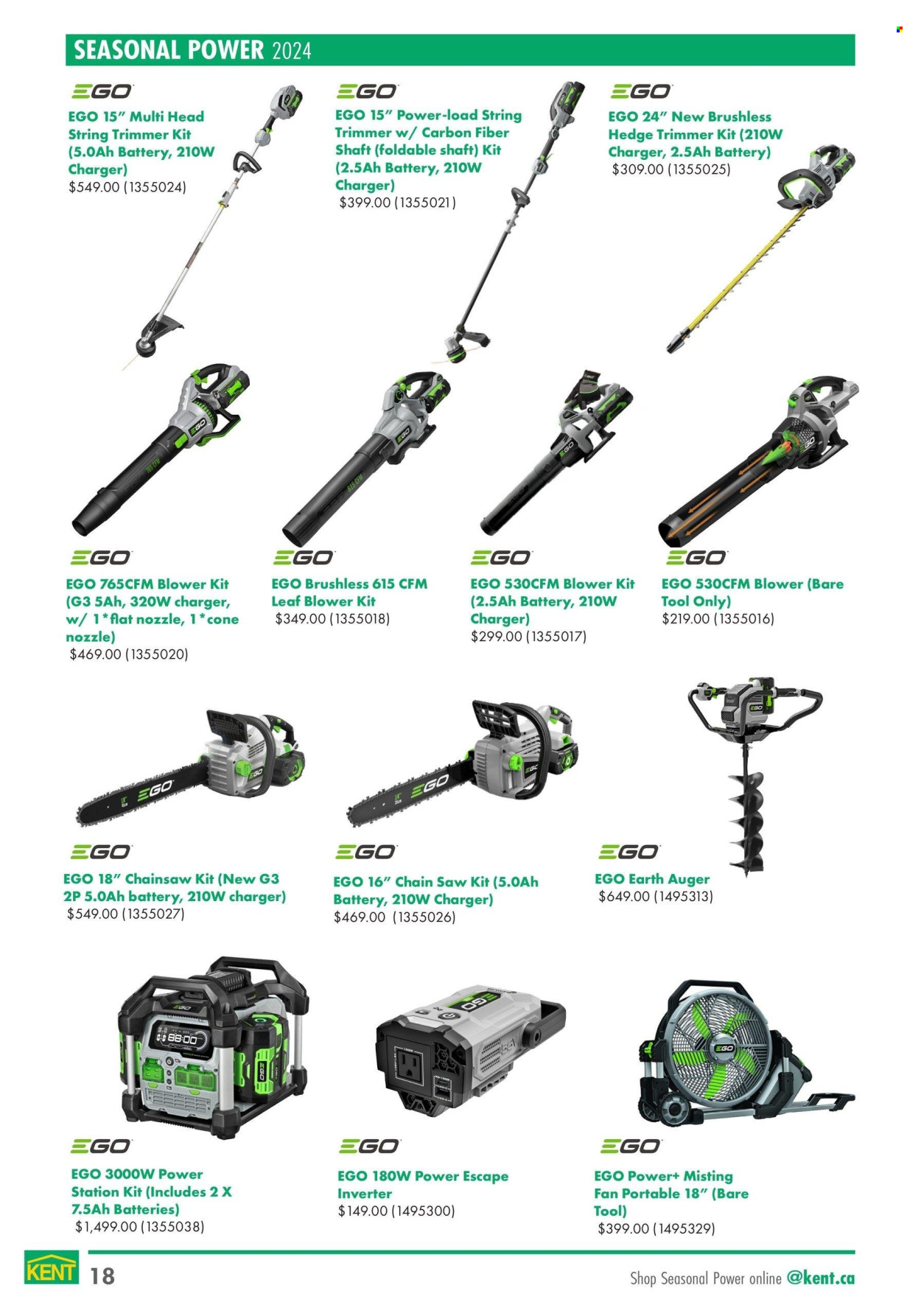 thumbnail - Kent Flyer - April 18, 2024 - May 29, 2024 - Sales products - Ego, battery, leaf blower, chain saw, saw, string trimmer, hedge trimmer, blower. Page 18.