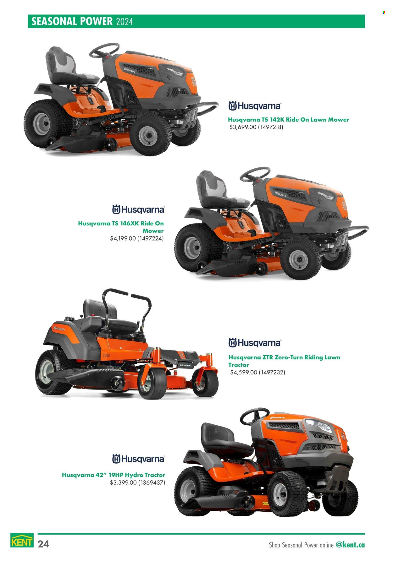 thumbnail - Kent Flyer - April 18, 2024 - May 29, 2024 - Sales products - tractor, Husqvarna, lawn mower. Page 24.