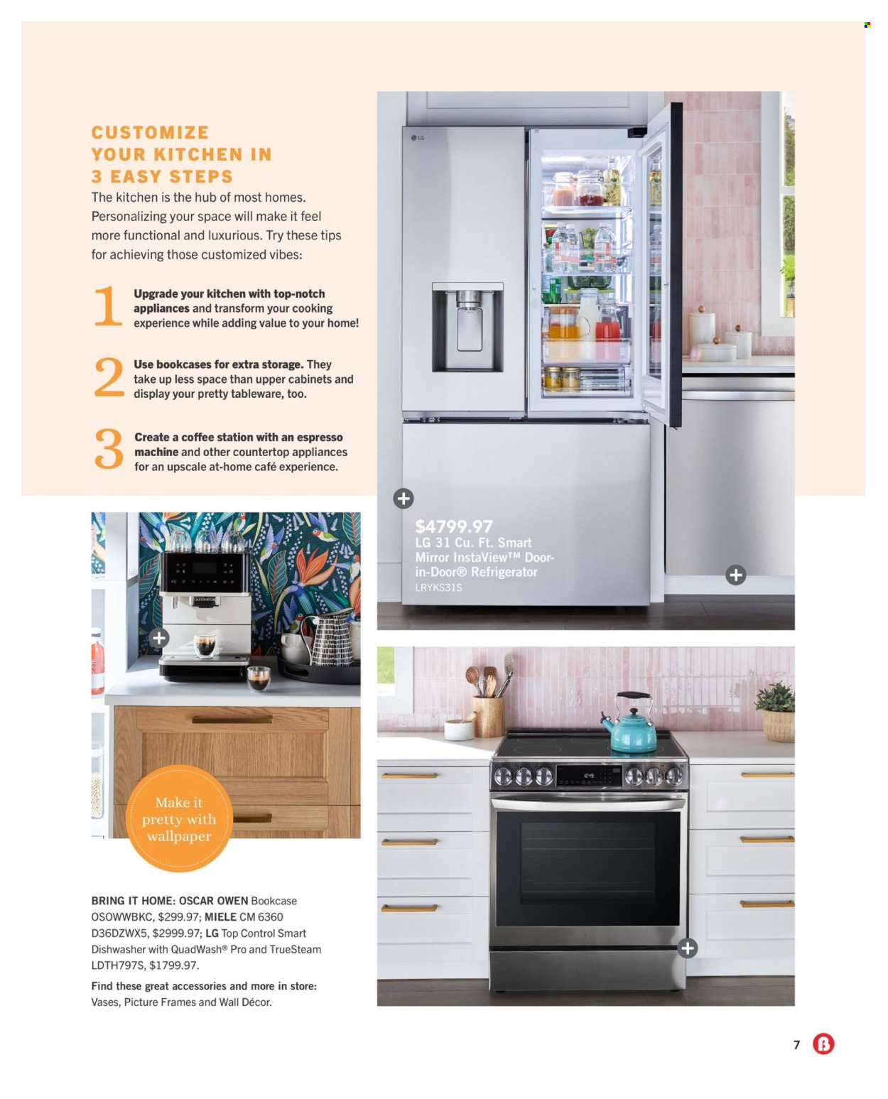 thumbnail - The Brick Flyer - April 11, 2024 - May 31, 2024 - Sales products - LG, refrigerator, fridge, dishwasher, coffee machine, espresso maker, bookcase, mirror, wall decor, picture frame, vase, Miele. Page 7.