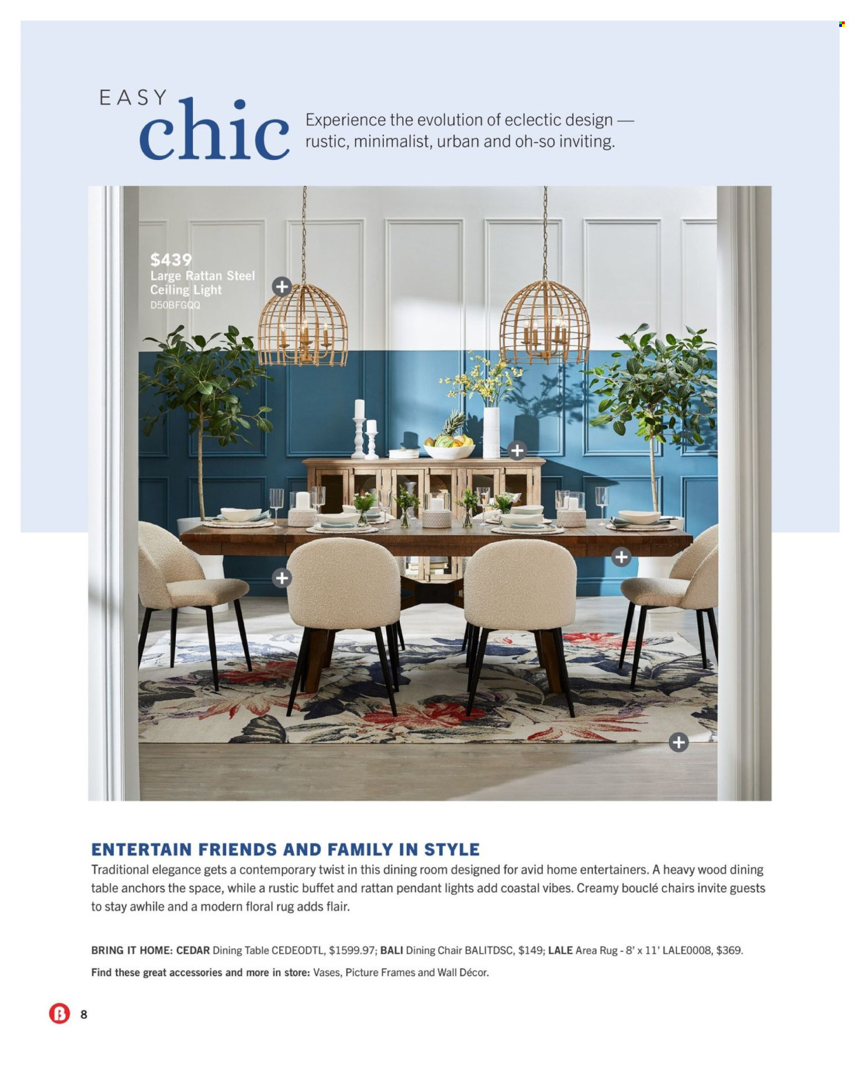 thumbnail - The Brick Flyer - April 11, 2024 - May 31, 2024 - Sales products - dining table, table, chair, dining chair, wall decor, picture frame, vase, ceiling lamp, rug, area rug. Page 8.