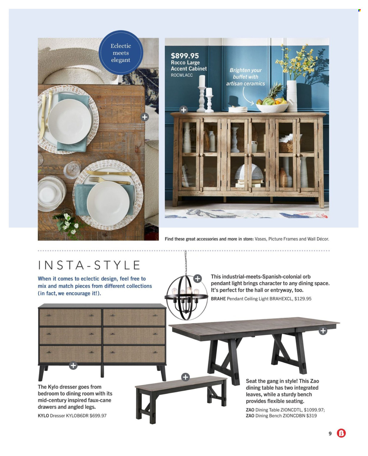 thumbnail - The Brick Flyer - April 11, 2024 - May 31, 2024 - Sales products - cabinet, dining table, table, dining bench, bench, dresser, wall decor, picture frame, vase, ceiling lamp. Page 9.