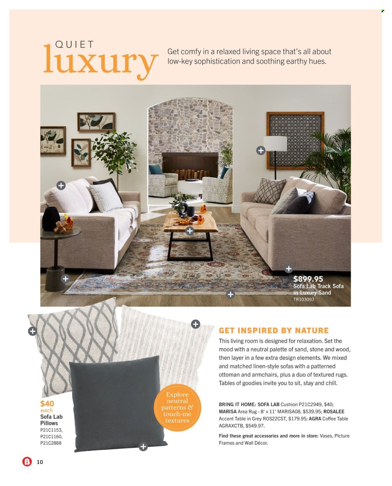 thumbnail - The Brick Flyer - April 11, 2024 - May 31, 2024 - Sales products - cushion, linens, pillow, table, arm chair, sofa, coffee table, ottoman, wall decor, picture frame, vase, rug, area rug. Page 10.
