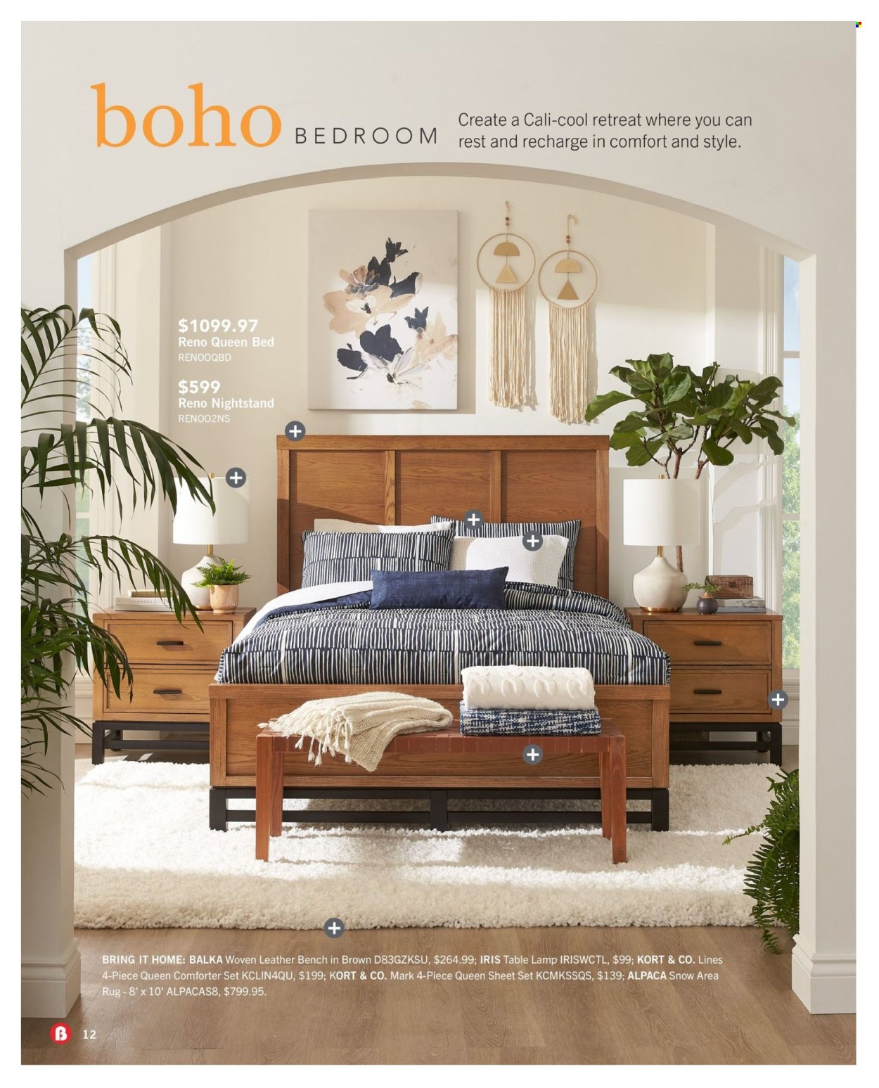 thumbnail - The Brick Flyer - April 11, 2024 - May 31, 2024 - Sales products - bedding, comforter, queen sheet, bench, bed, queen bed, nightstand, lamp, table lamp, rug, area rug, flowers. Page 12.