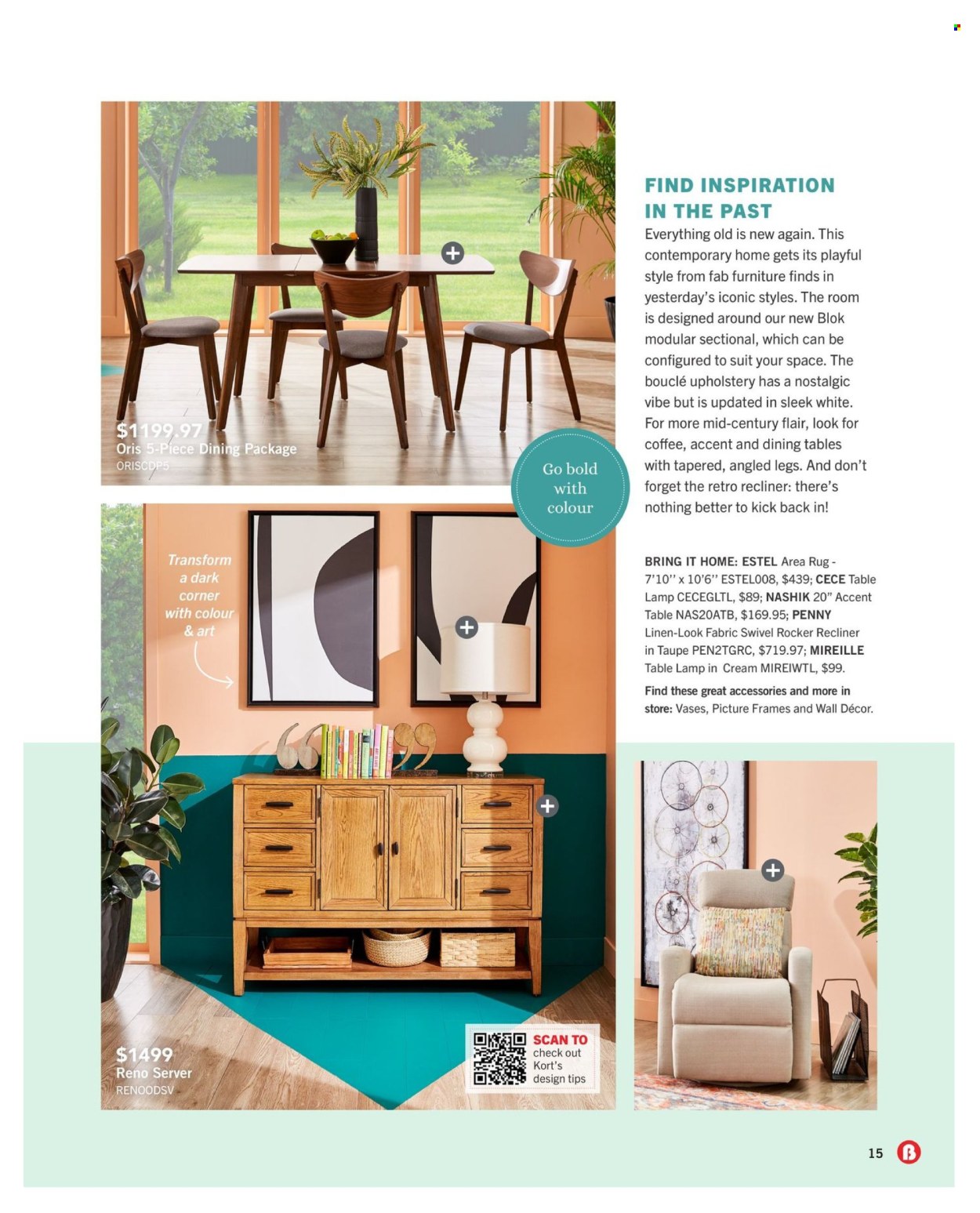 thumbnail - The Brick Flyer - April 11, 2024 - May 31, 2024 - Sales products - linens, recliner chair, wall decor, picture frame, vase, lamp, table lamp, rug, area rug. Page 15.