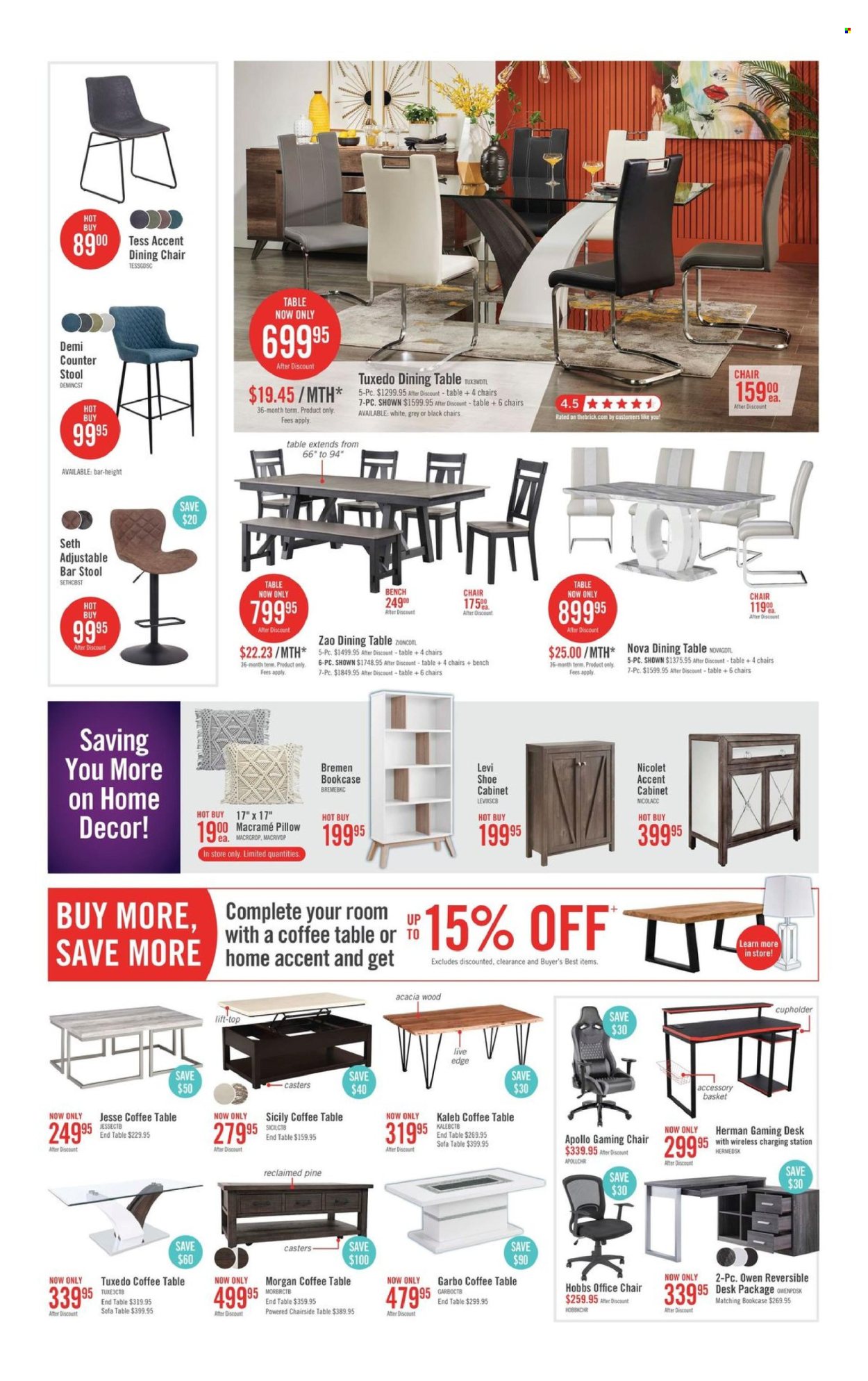 thumbnail - The Brick Flyer - April 16, 2024 - May 01, 2024 - Sales products - pillow, dining table, table, stool, chair, bar stool, dining chair, bench, sofa, coffee table, end table, bookcase, shoe cabinet, desk, gaming desk, office chair, game chair, basket. Page 7.