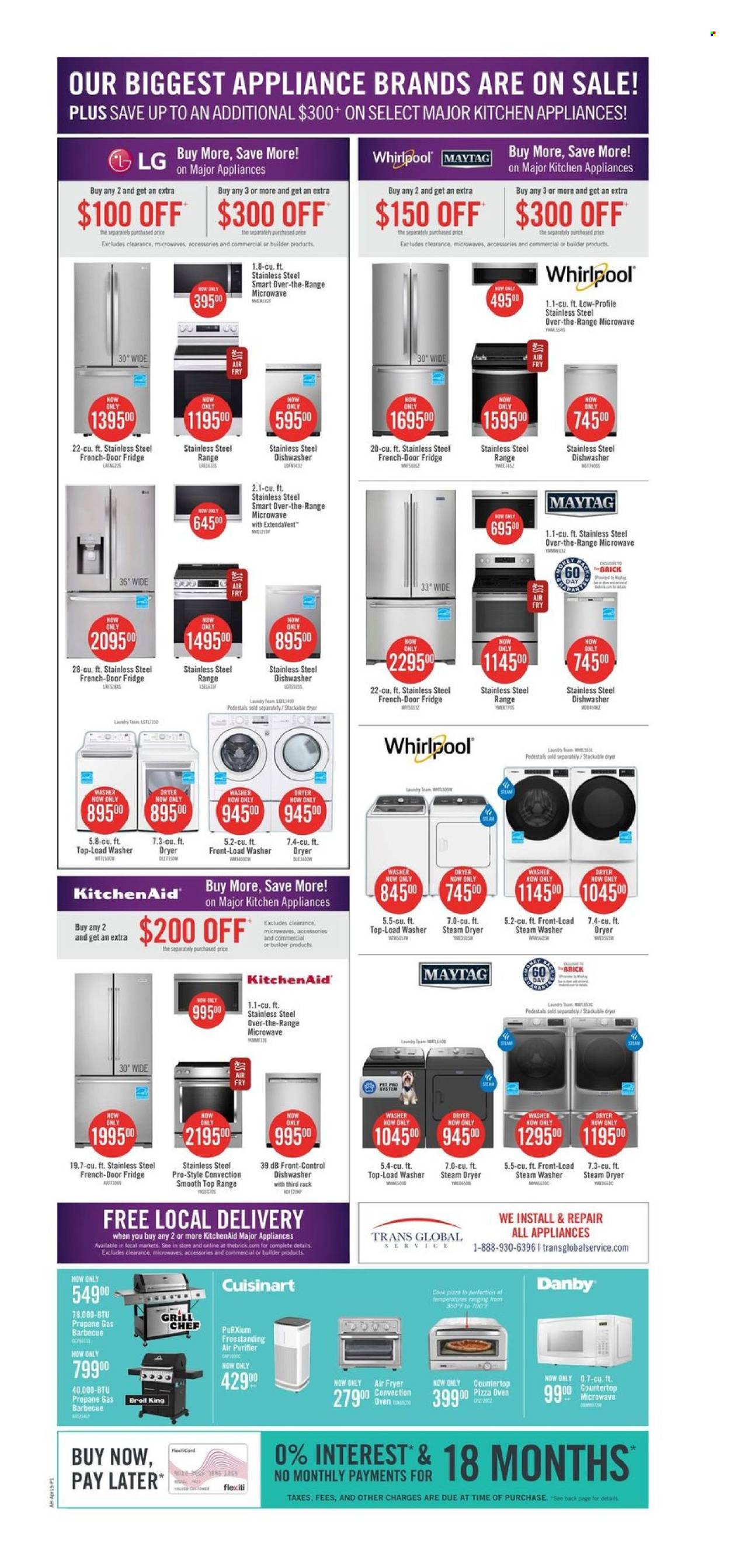thumbnail - The Brick Flyer - April 16, 2024 - May 01, 2024 - Sales products - LG, Whirlpool, Danby, refrigerator, fridge, Cuisinart, pizza oven, convection oven, microwave, dishwasher, Maytag, washer & dryer, washing machine, KitchenAid, air fryer, air purifier. Page 11.