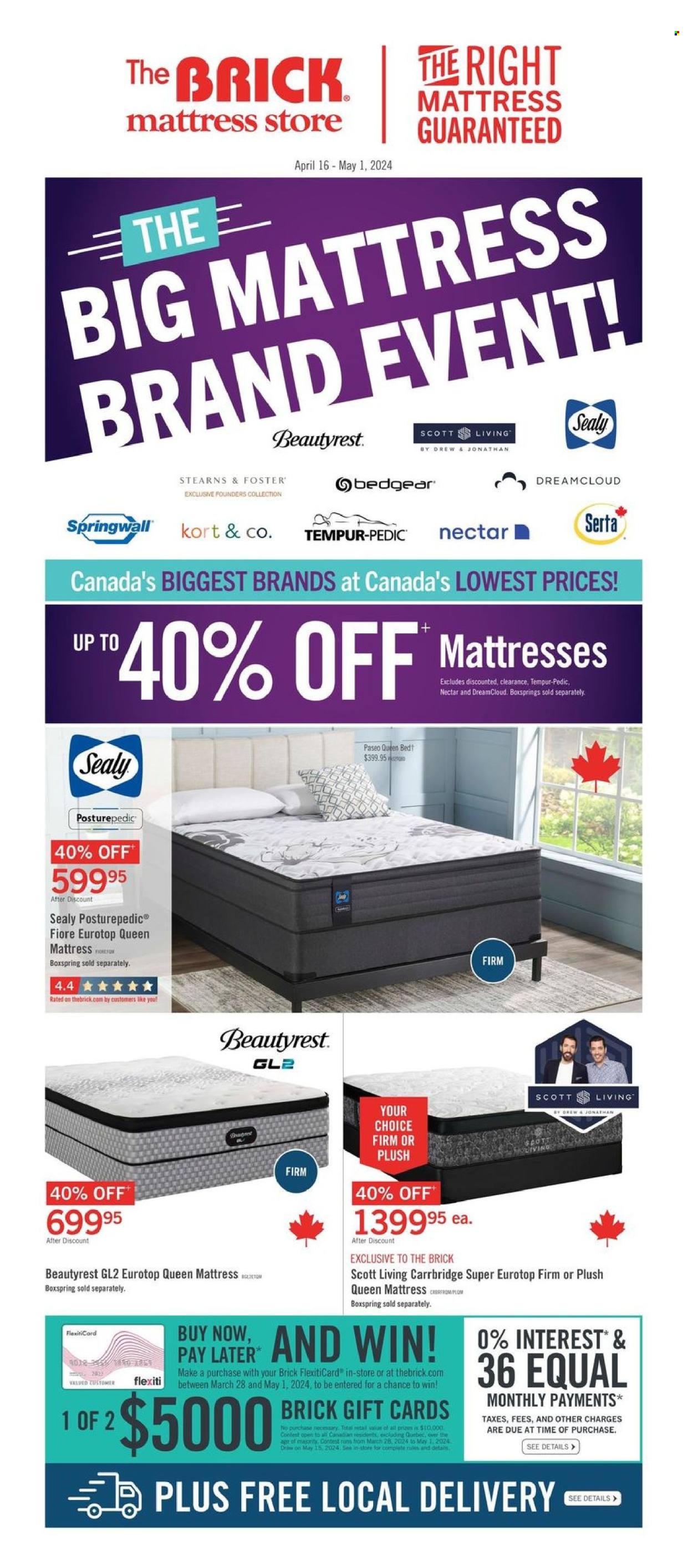 thumbnail - The Brick Flyer - April 16, 2024 - May 01, 2024 - Sales products - bed, queen bed, mattress. Page 1.