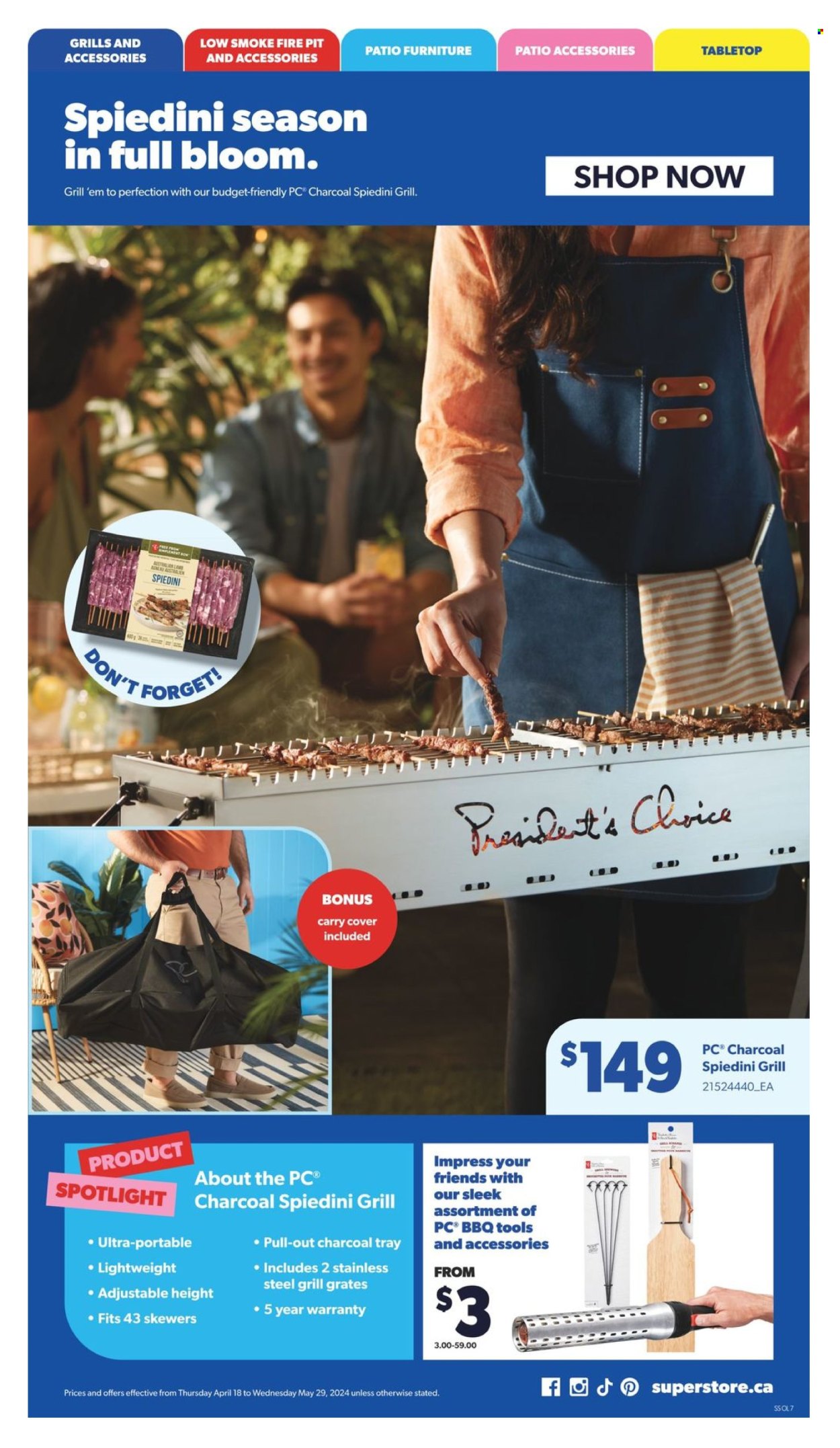 thumbnail - Real Canadian Superstore Flyer - April 18, 2024 - May 29, 2024 - Sales products - lamb meat, spotlight, patio furniture, grill, fire bowl, grill accessories. Page 7.