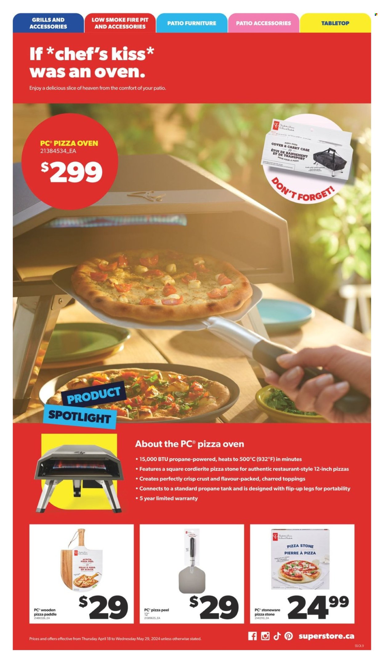 thumbnail - Real Canadian Superstore Flyer - April 18, 2024 - May 29, 2024 - Sales products - topping, pizza stone, stoneware, pizza paddle, spotlight, patio furniture, propane tank, fire bowl. Page 8.
