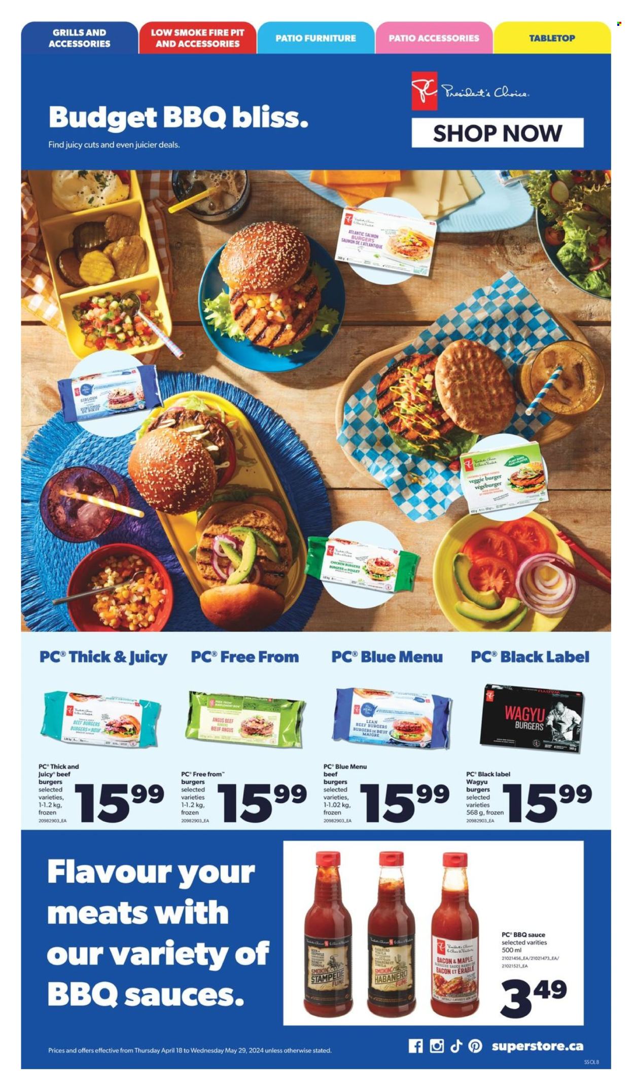 thumbnail - Real Canadian Superstore Flyer - April 18, 2024 - May 29, 2024 - Sales products - veggie burger, beef burger, plant based product, BBQ sauce, beef meat, fish burger, label, patio furniture, fire bowl, sauce. Page 9.