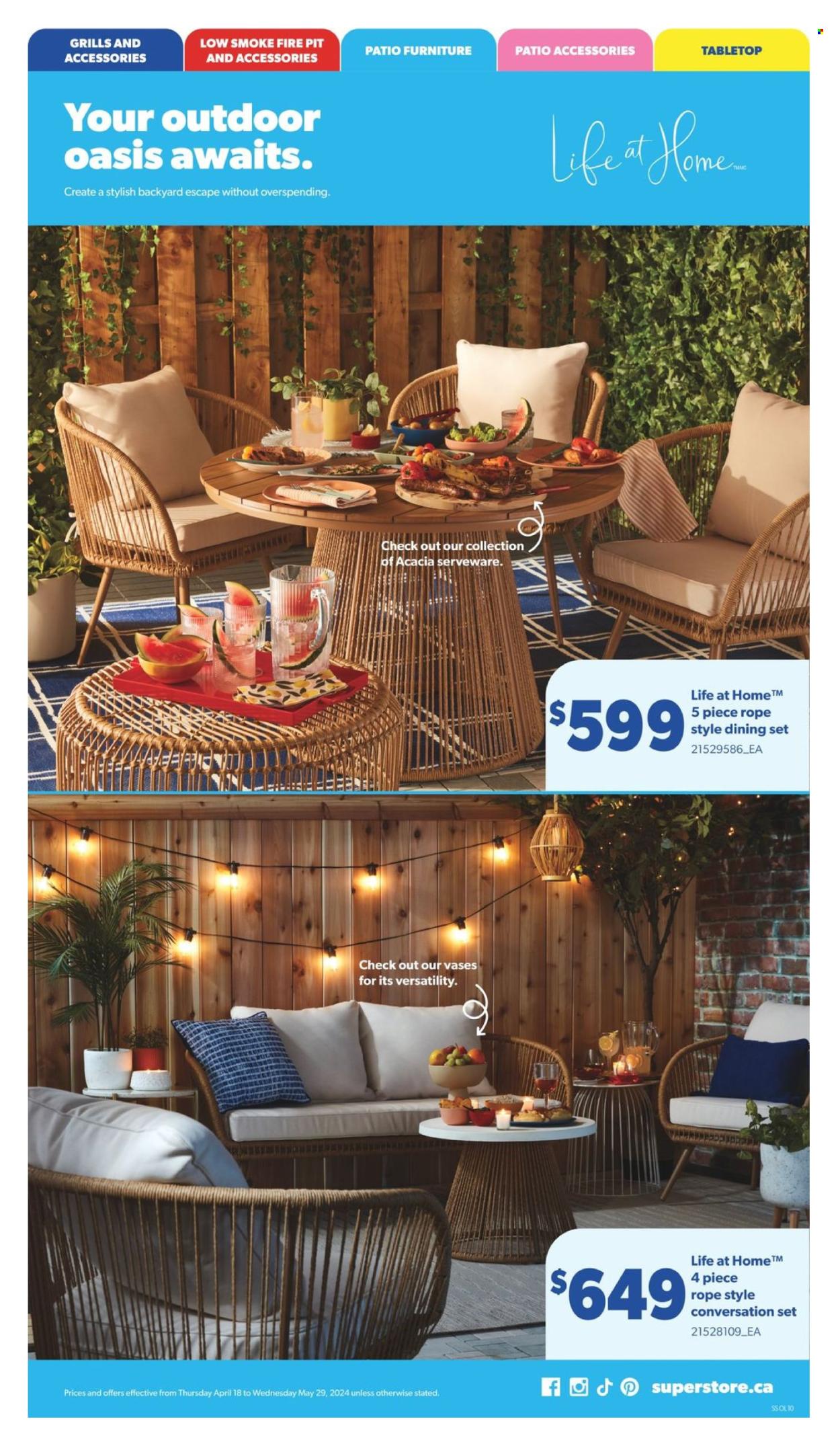 thumbnail - Real Canadian Superstore Flyer - April 18, 2024 - May 29, 2024 - Sales products - rope, serveware, dining set, patio furniture, vase, fire bowl. Page 10.