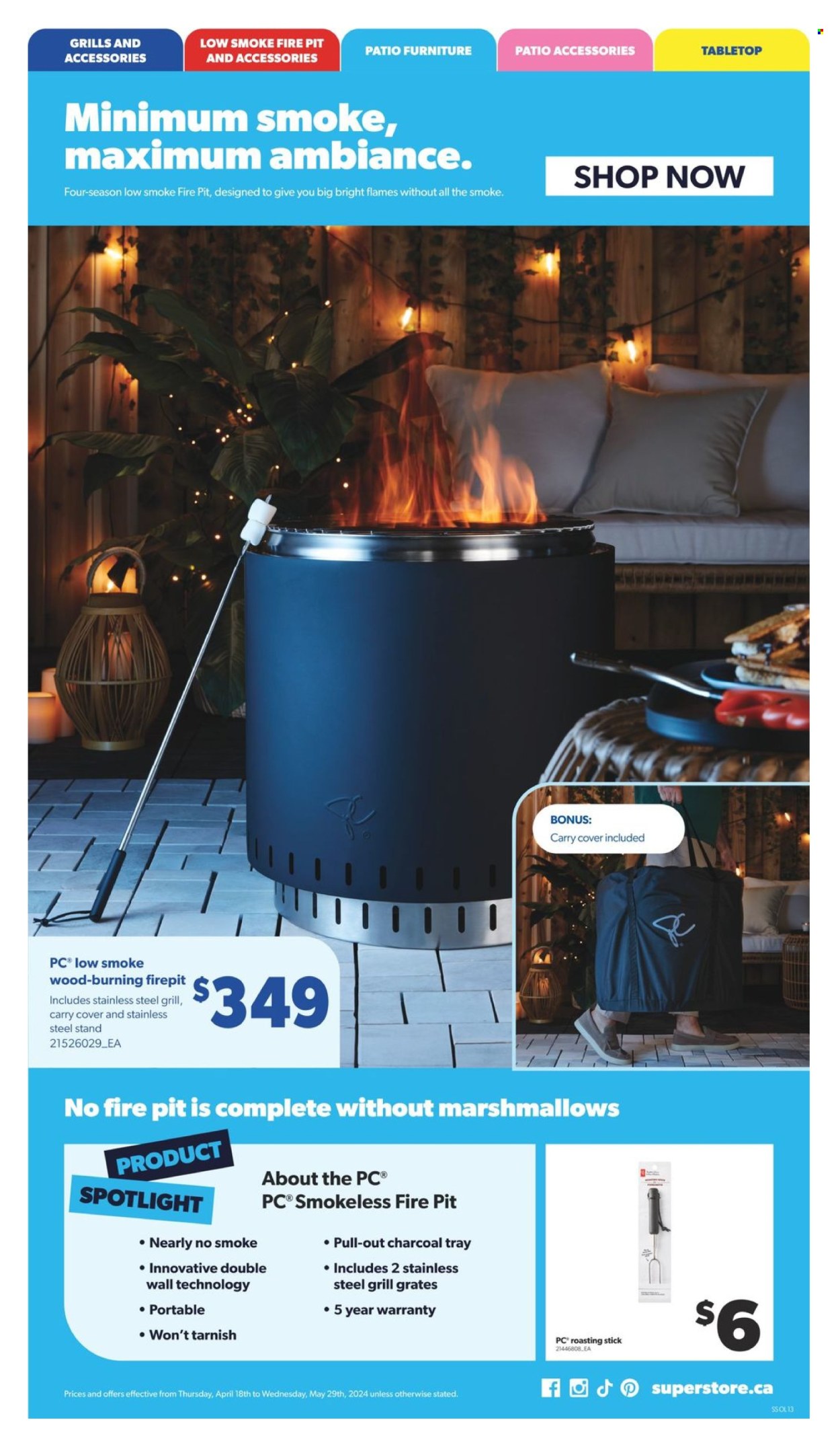 thumbnail - Real Canadian Superstore Flyer - April 18, 2024 - May 29, 2024 - Sales products - marshmallows, spotlight, patio furniture, grill, fire bowl. Page 13.