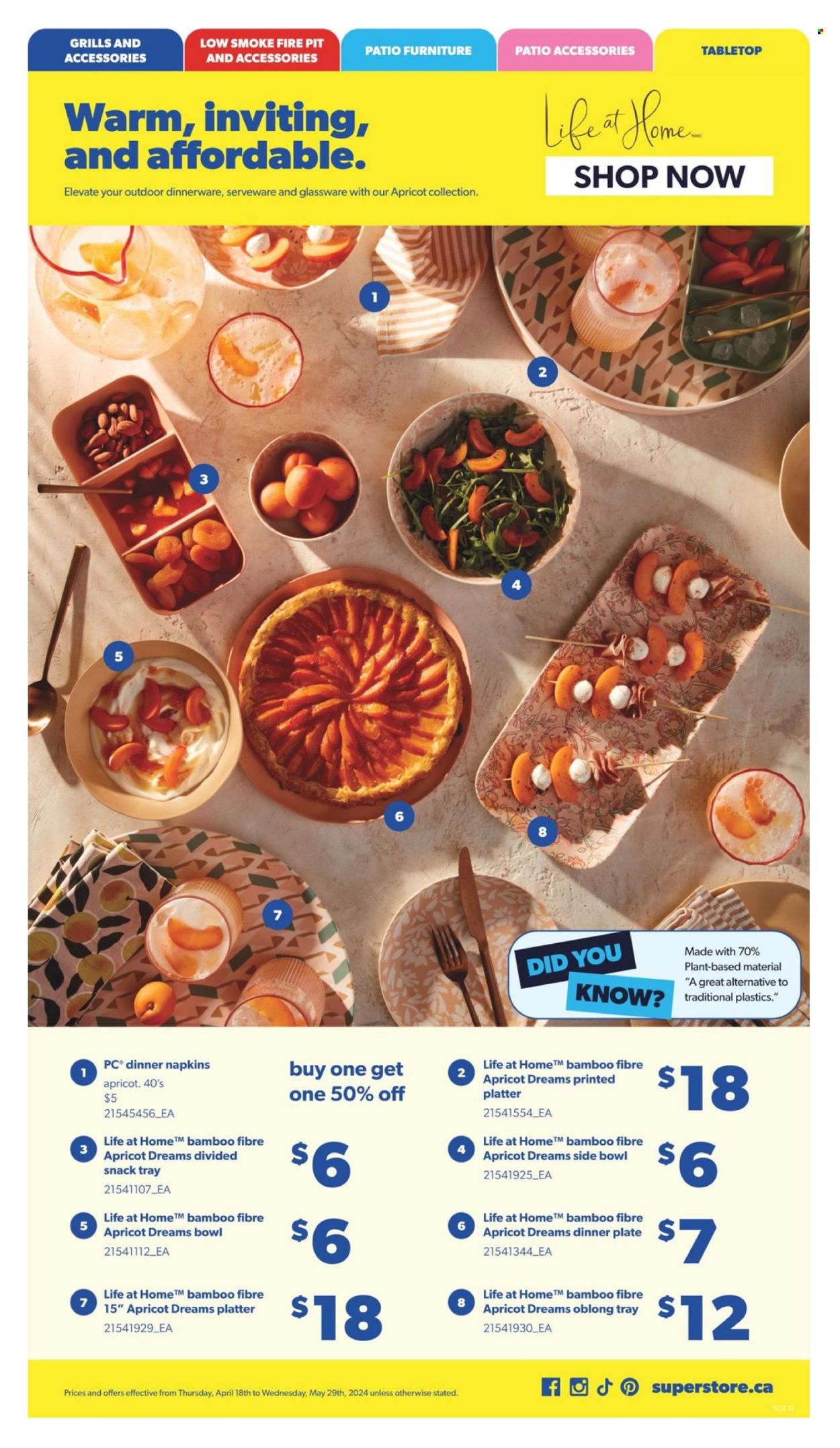thumbnail - Real Canadian Superstore Flyer - April 18, 2024 - May 29, 2024 - Sales products - party tray, snack, napkins, dinnerware set, glassware set, dinner plate, bowl, serveware, platters, patio furniture, fire bowl, houseplant. Page 19.