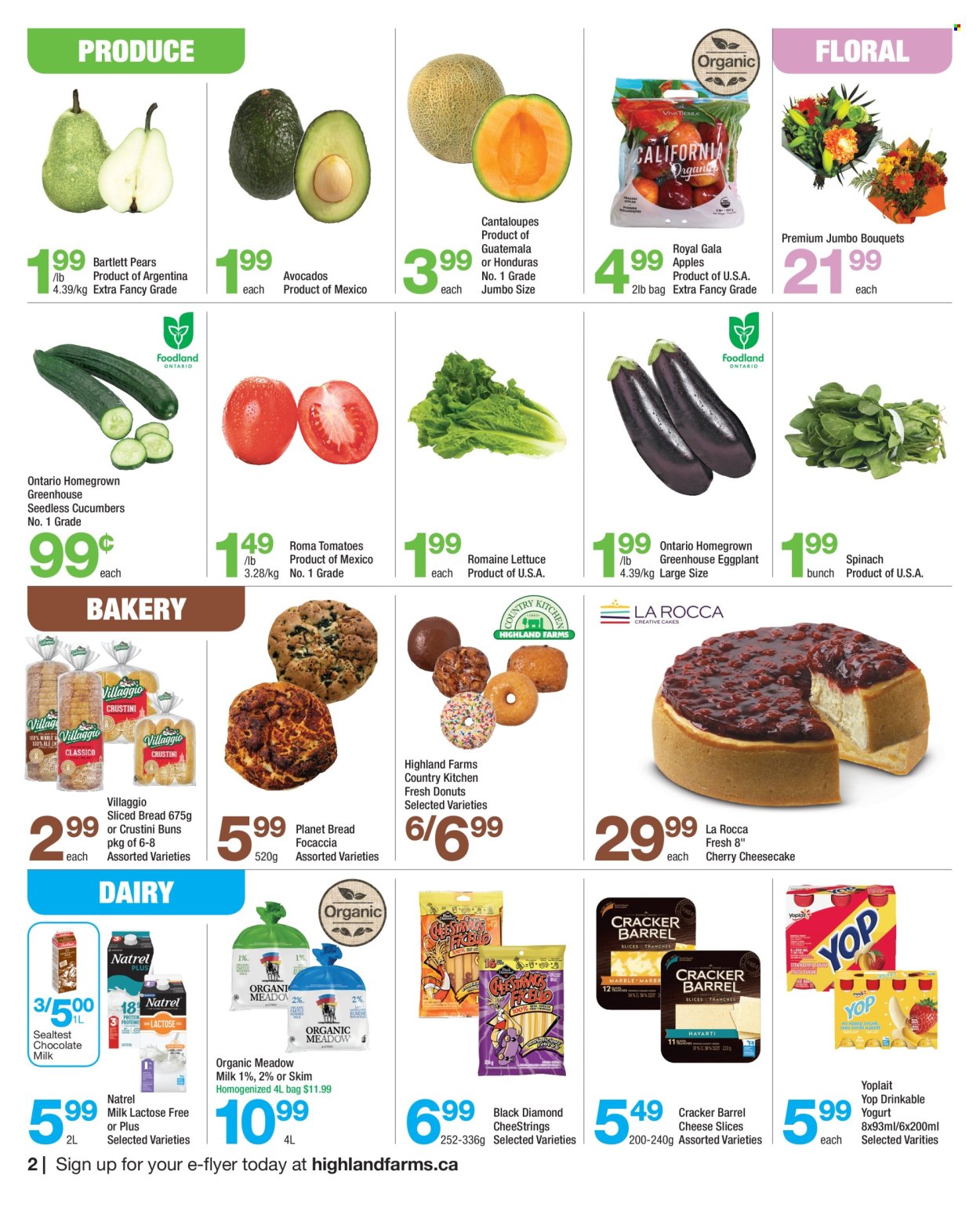 thumbnail - Highland Farms Flyer - April 18, 2024 - May 01, 2024 - Sales products - bread, buns, focaccia, flatbread, cheesecake, donut, cantaloupe, cucumber, spinach, tomatoes, lettuce, eggplant, romaine lettuce, apples, avocado, Bartlett pears, Gala, pears, melons, sliced cheese, string cheese, Yoplait, flavoured milk, yoghurt drink. Page 2.
