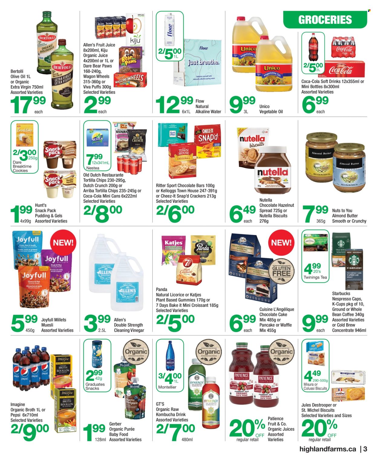 thumbnail - Highland Farms Flyer - April 18, 2024 - May 01, 2024 - Sales products - croissant, puffs, 7 Days, cake mix, pancake mix, Bertolli, pudding, almond butter, cookies, crackers, Kellogg's, biscuit, Ritter Sport, chocolate bar, gummies, Gerber, tortilla chips, Cheez-It, broth, baking mix, muesli, extra virgin olive oil, vegetable oil, olive oil, oil, Coca-Cola, Pepsi, juice, fruit juice, ice tea, soft drink, spring water, alkaline water, water, carbonated soft drink, kombucha, coffee drink, Twinings, coffee, Nespresso, coffee beans, coffee capsules, Starbucks, K-Cups, baby food pouch, baby snack, Nutella. Page 3.