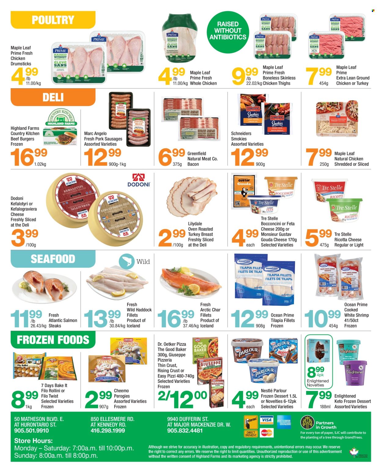 thumbnail - Highland Farms Flyer - April 18, 2024 - May 01, 2024 - Sales products - 7 Days, fish fillets, salmon, tilapia, haddock, seafood, shrimps, pizza, hamburger, beef burger, ready meal, sausage, smoked sausage, pork sausage, bocconcini, gouda, Dr. Oetker, feta, filo dough, ice cream, ice cream bars, Enlightened lce Cream, frozen dessert, ground chicken, ground turkey, whole chicken, chicken thighs, chicken drumsticks, steak, Nestlé. Page 4.