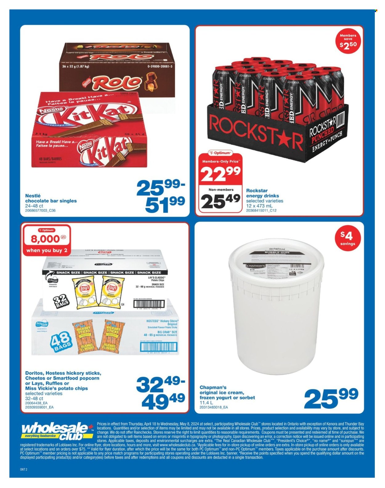 thumbnail - Wholesale Club Flyer - April 18, 2024 - May 08, 2024 - Sales products - No Name, ice cream, frozen yoghurt, sorbet, bubblegum, chocolate bar, Doritos, potato chips, Cheetos, Lay’s, Smartfood, popcorn, Frito-Lay, Ruffles, salty snack, energy drink, Rockstar, water, punch, Nestlé. Page 2.