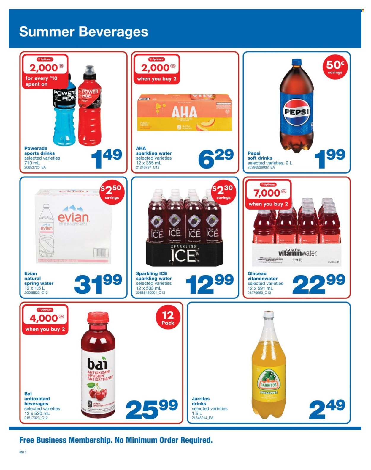 thumbnail - Wholesale Club Flyer - April 18, 2024 - May 08, 2024 - Sales products - pineapple, Powerade, Pepsi, energy drink, soft drink, Bai, electrolyte drink, antioxidant drink, spring water, flavored water, sparkling water, Evian, vitamin water, water, carbonated soft drink. Page 6.
