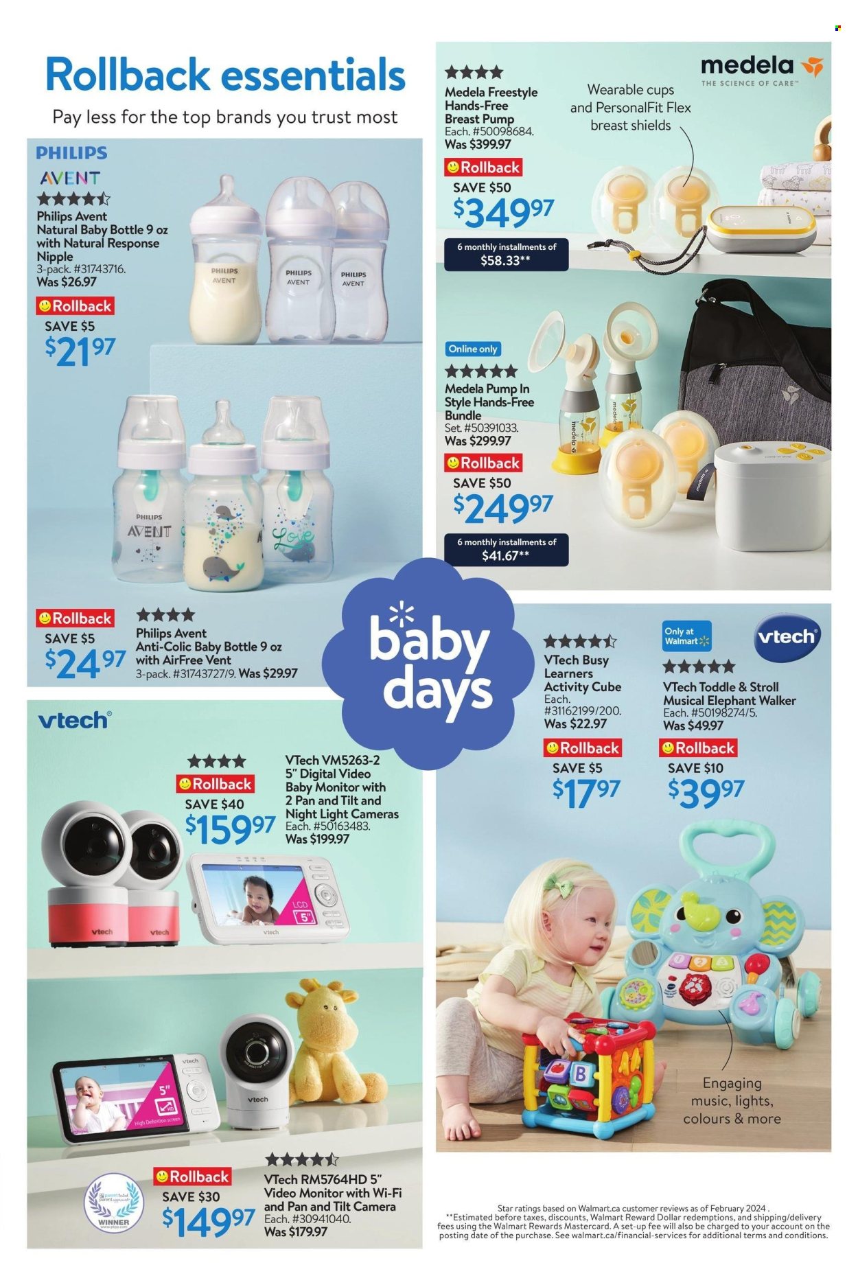 thumbnail - Walmart Flyer - April 18, 2024 - May 01, 2024 - Sales products - Vtech, toys, baby walker, camera, baby monitor, nightlight, Philips, Philips Avent, baby bottle, pump, monitor, breast pump. Page 6.