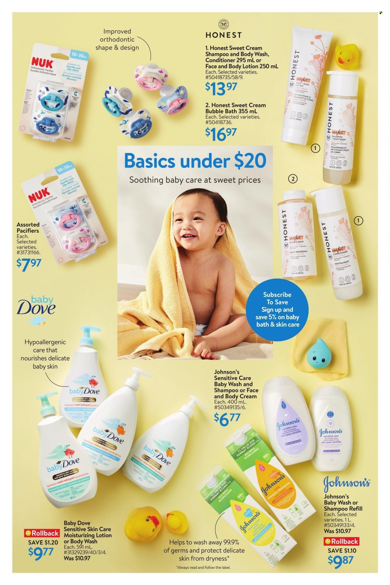 thumbnail - Walmart Flyer - April 18, 2024 - May 01, 2024 - Sales products - Johnson's, shampoo, pacifier, Dove, skin care product, body lotion, body wash, body cream, bubble bath, baby bath, conditioner. Page 7.