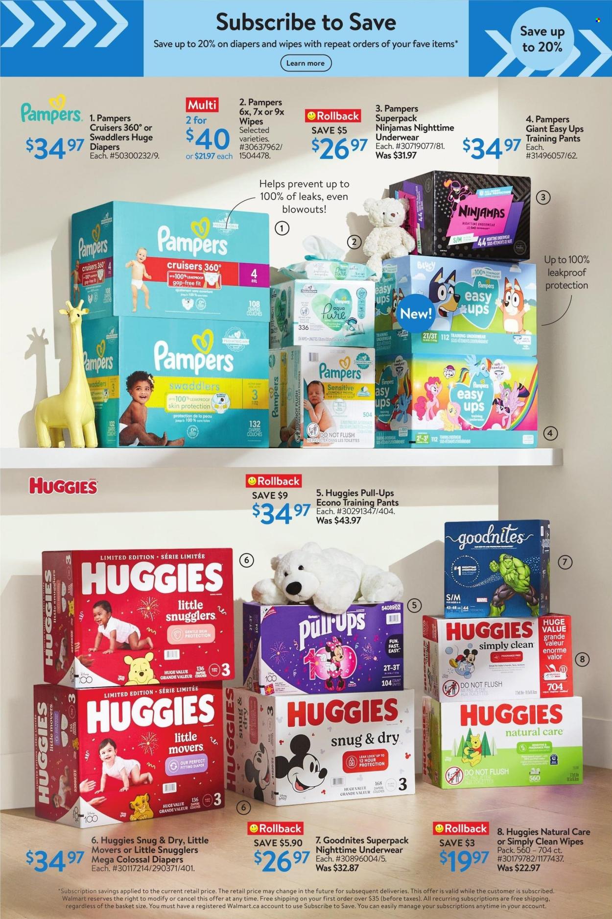 thumbnail - Walmart Flyer - April 18, 2024 - May 01, 2024 - Sales products - wipes, Huggies, Pampers, nappies, baby pants, baby wipes, pants. Page 10.