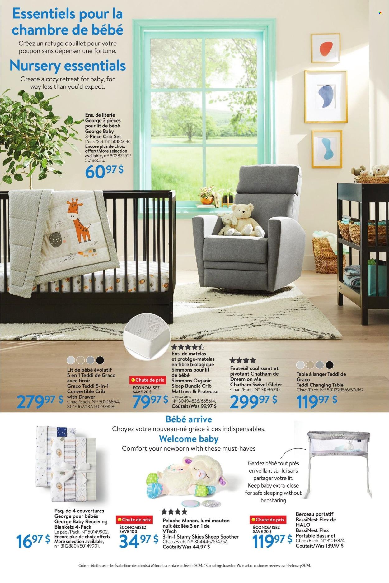 thumbnail - Walmart Flyer - April 18, 2024 - May 01, 2024 - Sales products - blanket, table, Vtech, soother, crib, mattress, Simmons. Page 3.