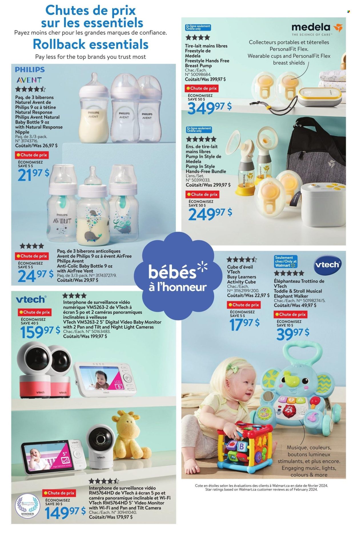 thumbnail - Walmart Flyer - April 18, 2024 - May 01, 2024 - Sales products - Vtech, toys, baby walker, monitor, camera, baby bottle, breast pump, pump, Philips, Philips Avent. Page 6.