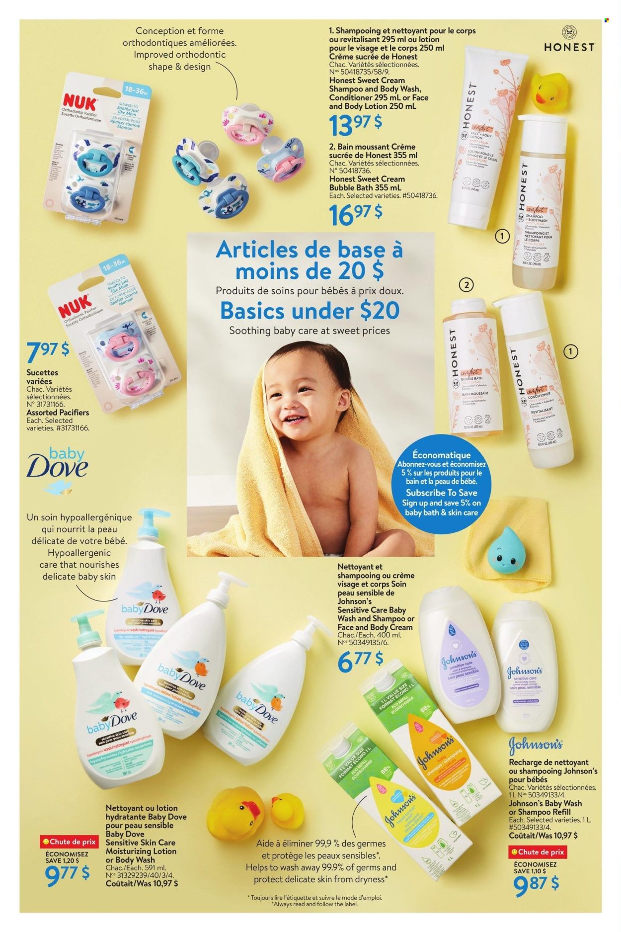 thumbnail - Walmart Flyer - April 18, 2024 - May 01, 2024 - Sales products - Dove, body wash, skin care product, body lotion, pacifier, Johnson's, shampoo, body cream, conditioner, bubble bath, baby bath. Page 7.