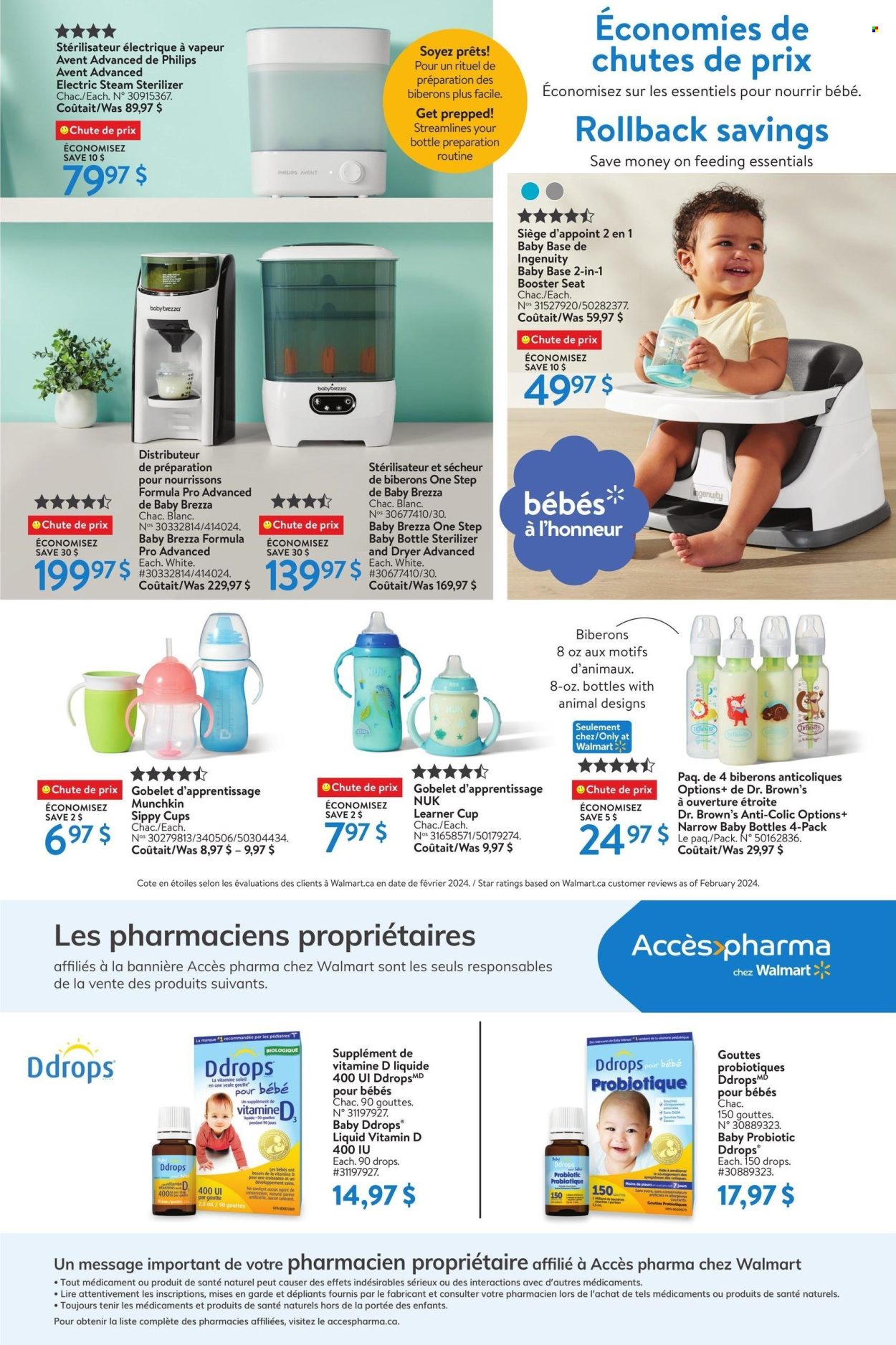 thumbnail - Walmart Flyer - April 18, 2024 - May 01, 2024 - Sales products - Nuk, cup, baby bottle, Dr. Brown's, Ingenuity, baby booster seat, dietary supplement. Page 8.