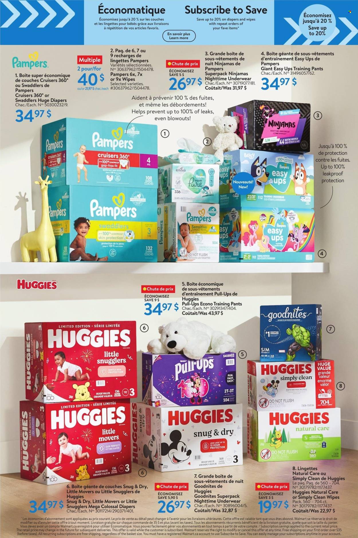 thumbnail - Walmart Flyer - April 18, 2024 - May 01, 2024 - Sales products - Pampers, pants, nappies, baby pants, wipes, Huggies, baby wipes. Page 10.