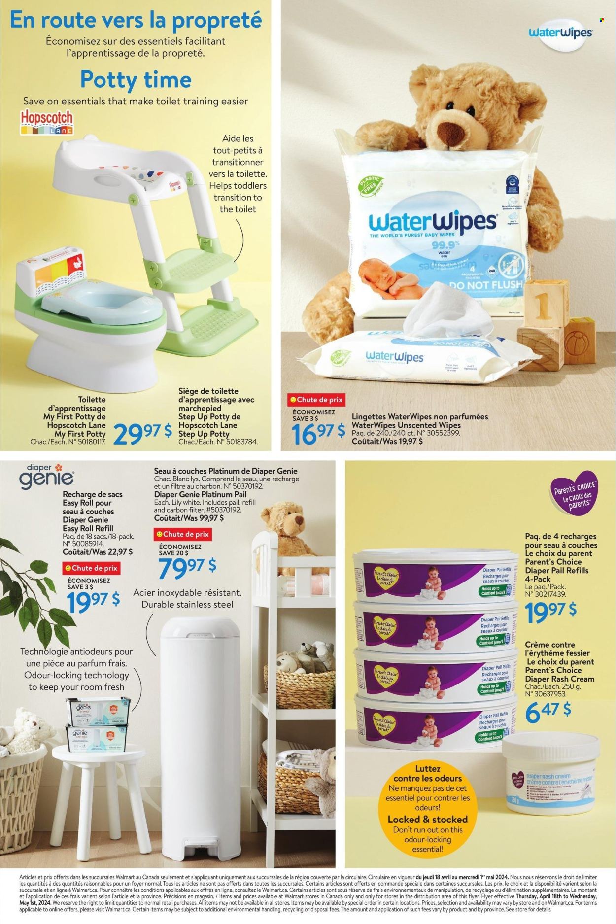 thumbnail - Walmart Flyer - April 18, 2024 - May 01, 2024 - Sales products - nappy disposal system, potty, wipes, baby wipes, ointment, pot. Page 11.