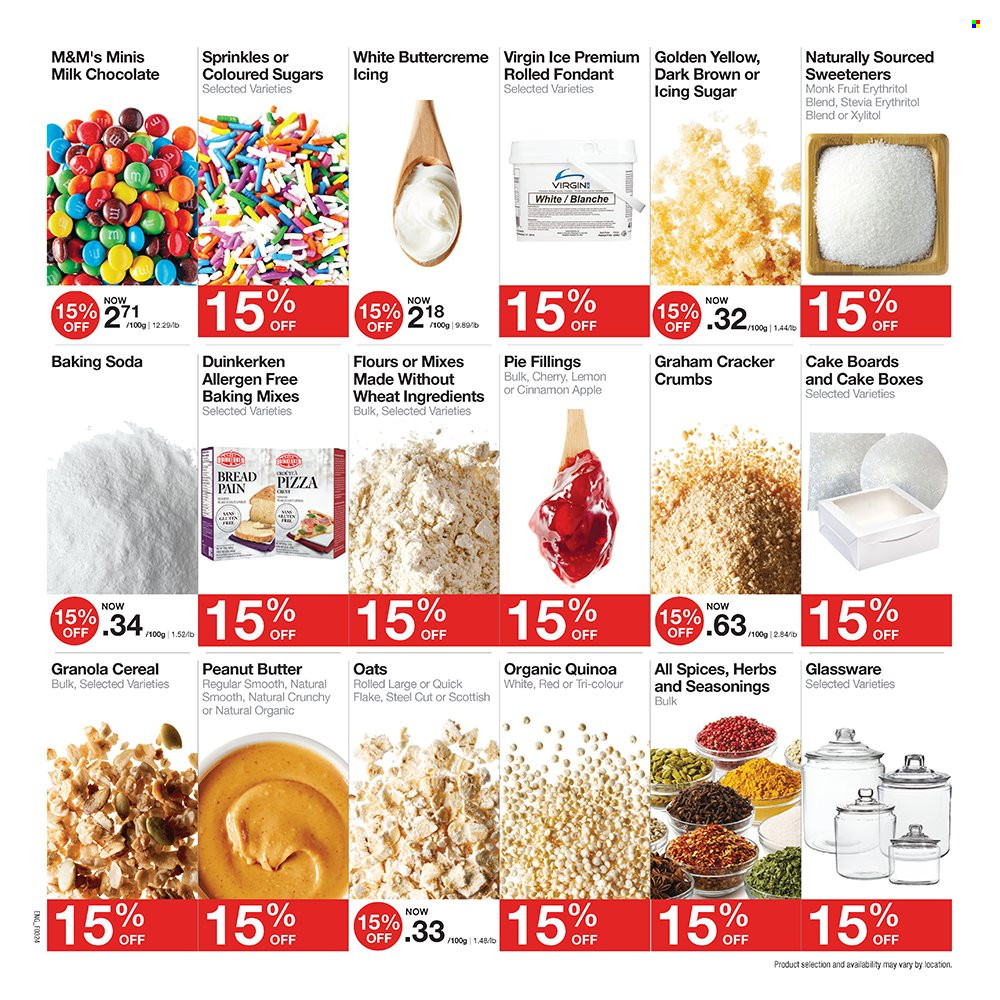thumbnail - Bulk Barn Flyer - April 18, 2024 - May 05, 2024 - Sales products - cake, pizza, M&M's, crackers, sweets, bicarbonate of soda, cane sugar, flour, sugar, icing sugar, stevia, baking mix, sprinkles, cereals, granola, quinoa, spice. Page 3.