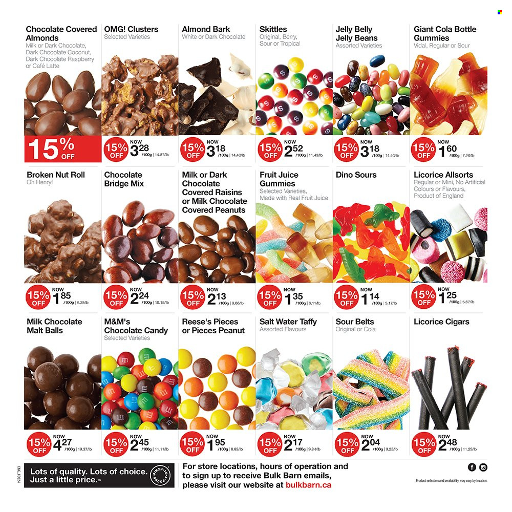 thumbnail - Bulk Barn Flyer - April 18, 2024 - May 05, 2024 - Sales products - Reese's, M&M's, Skittles, jelly beans, chocolate candies, Candy, sweets, gummies, almonds, peanuts, coconut, water. Page 6.