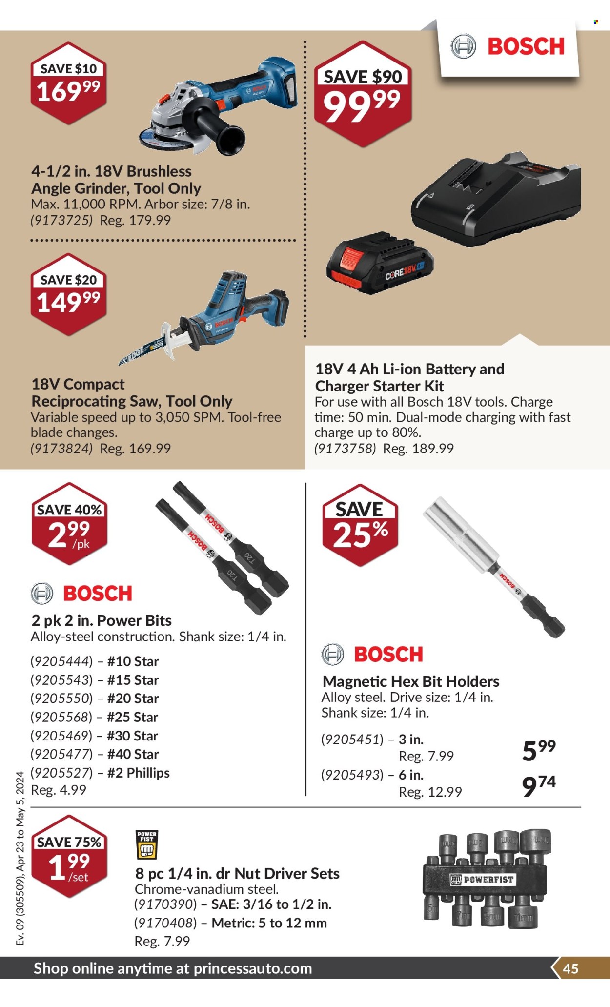thumbnail - Princess Auto Flyer - April 23, 2024 - May 05, 2024 - Sales products - Bosch, saw, angle grinder, reciprocating saw. Page 48.