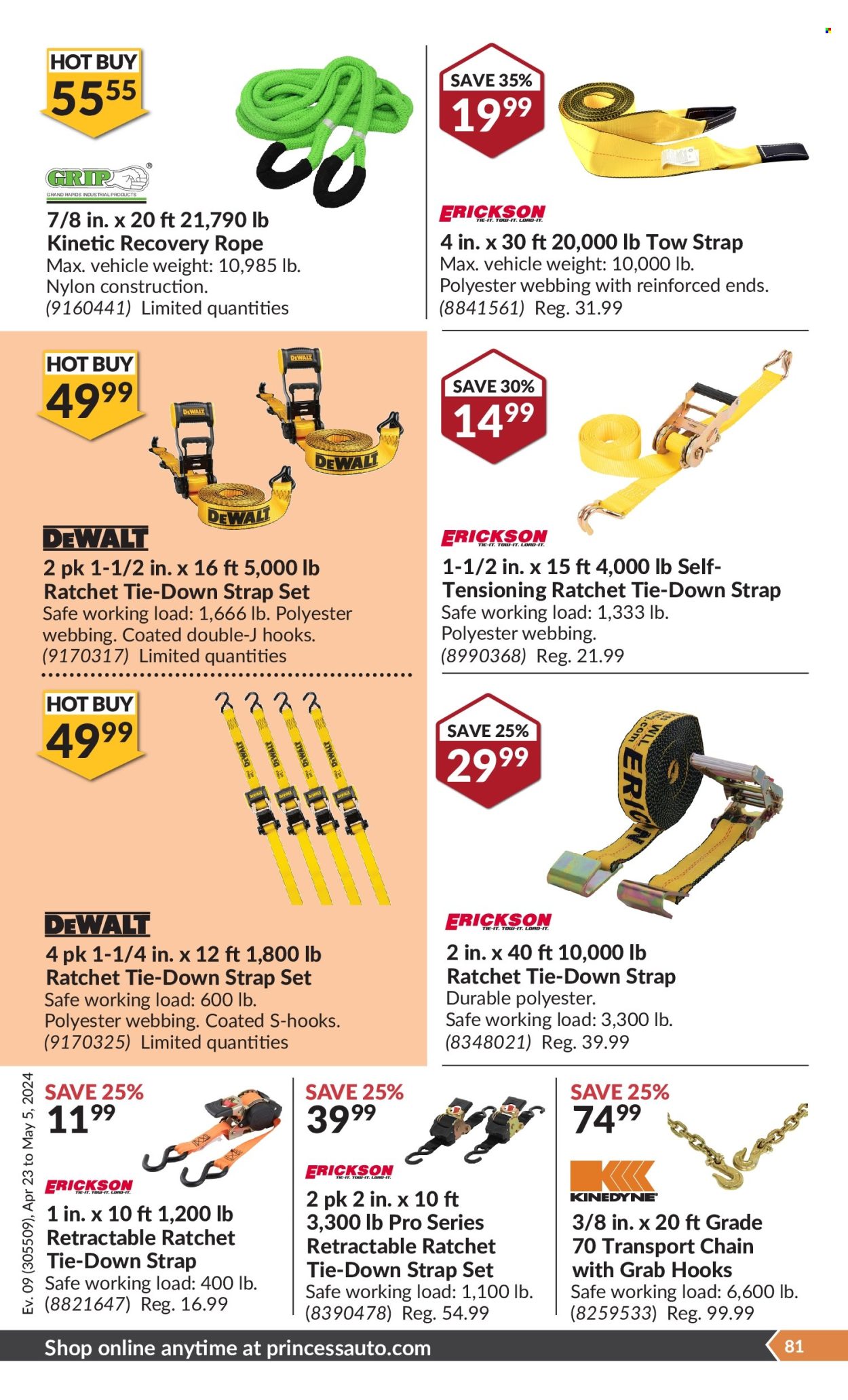 thumbnail - Princess Auto Flyer - April 23, 2024 - May 05, 2024 - Sales products - hook, hand tools, strap, rope, vehicle, tow strap. Page 84.