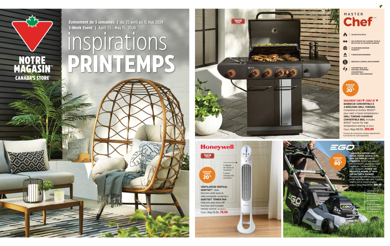 thumbnail - Canadian Tire Flyer - April 25, 2024 - May 15, 2024 - Sales products - remote control, stand fan, tower fan, LED light, grill. Page 1.