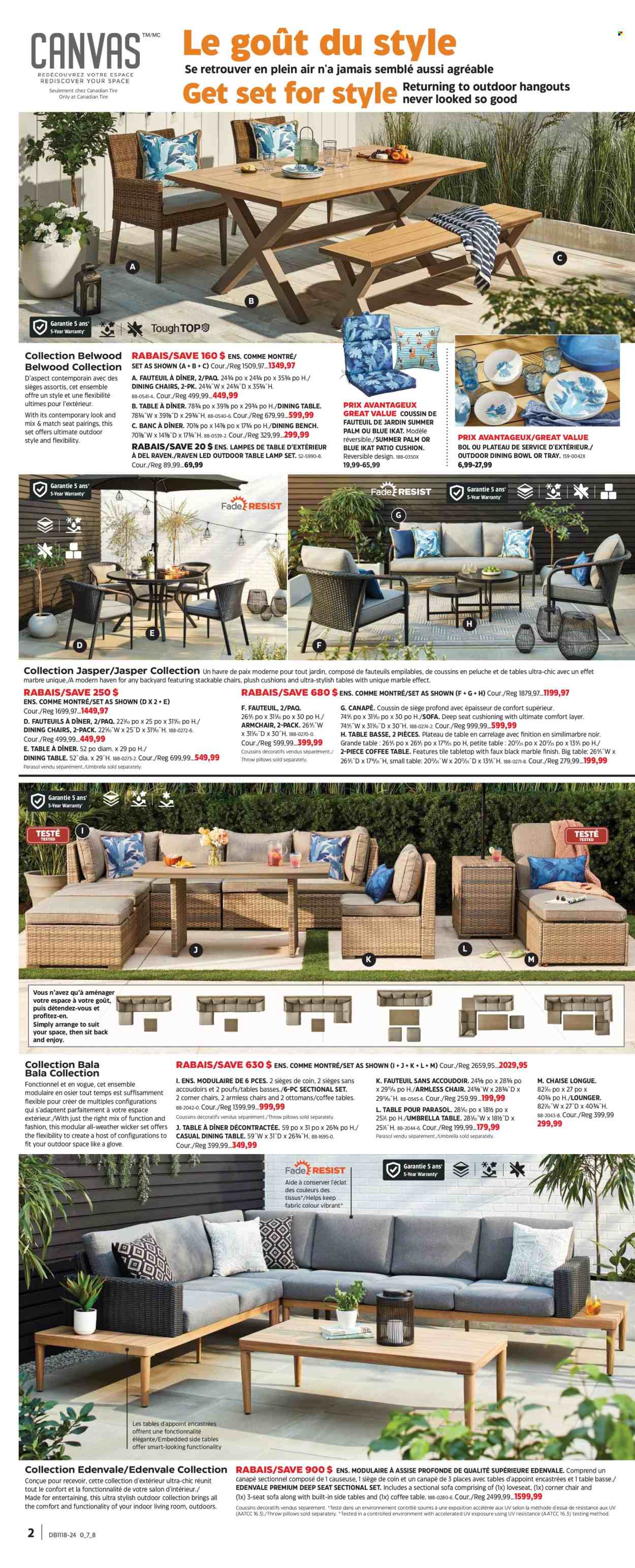 thumbnail - Canadian Tire Flyer - April 25, 2024 - May 15, 2024 - Sales products - chair, bowl, pillow, blanket, cushion, dining table, dining bench, bench, arm chair, corner chair, loveseat, sofa, coffee table, sidetable, lounger, lamp, table lamp, umbrella, palm. Page 2.
