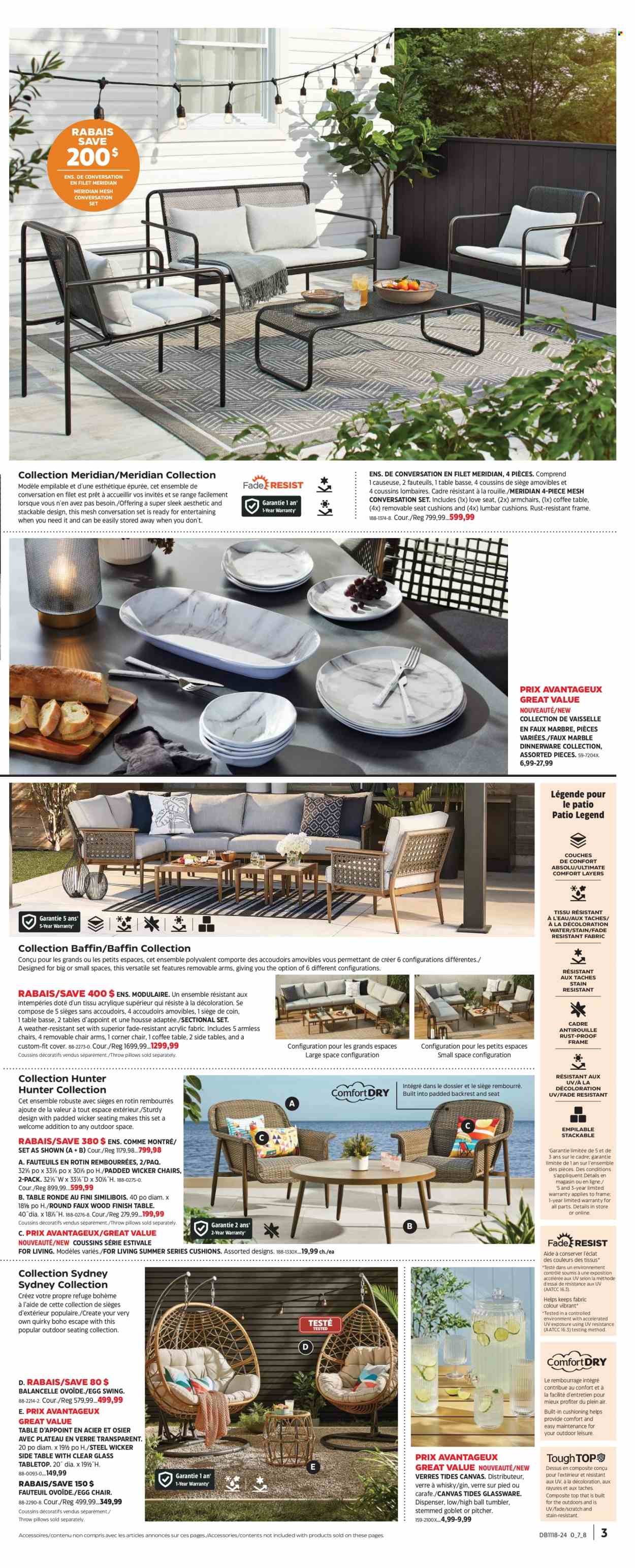 thumbnail - Canadian Tire Flyer - April 25, 2024 - May 15, 2024 - Sales products - chair, dispenser, dinnerware set, glassware set, tumbler, pitcher, carafe, pillow, blanket, cushion, back pillow, table, arm chair, corner chair, coffee table, sidetable, Hunter. Page 3.