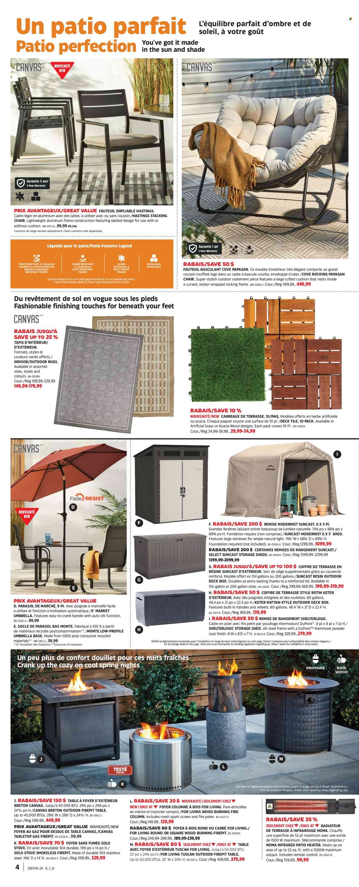 thumbnail - Canadian Tire Flyer - April 25, 2024 - May 15, 2024 - Sales products - chair, lid, cushion, remote control, stove, table, folding chair, heater, rug, storage shed, shed, umbrella, parasol, artificial grass. Page 4.