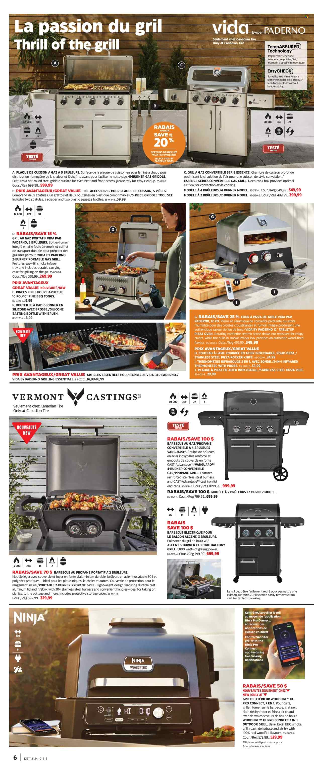 thumbnail - Canadian Tire Flyer - April 25, 2024 - May 15, 2024 - Sales products - knife, lid, spatula, tong, smartphone, pizza oven, oven, table, tool set, gas grill, grill, firebox, griddle. Page 5.