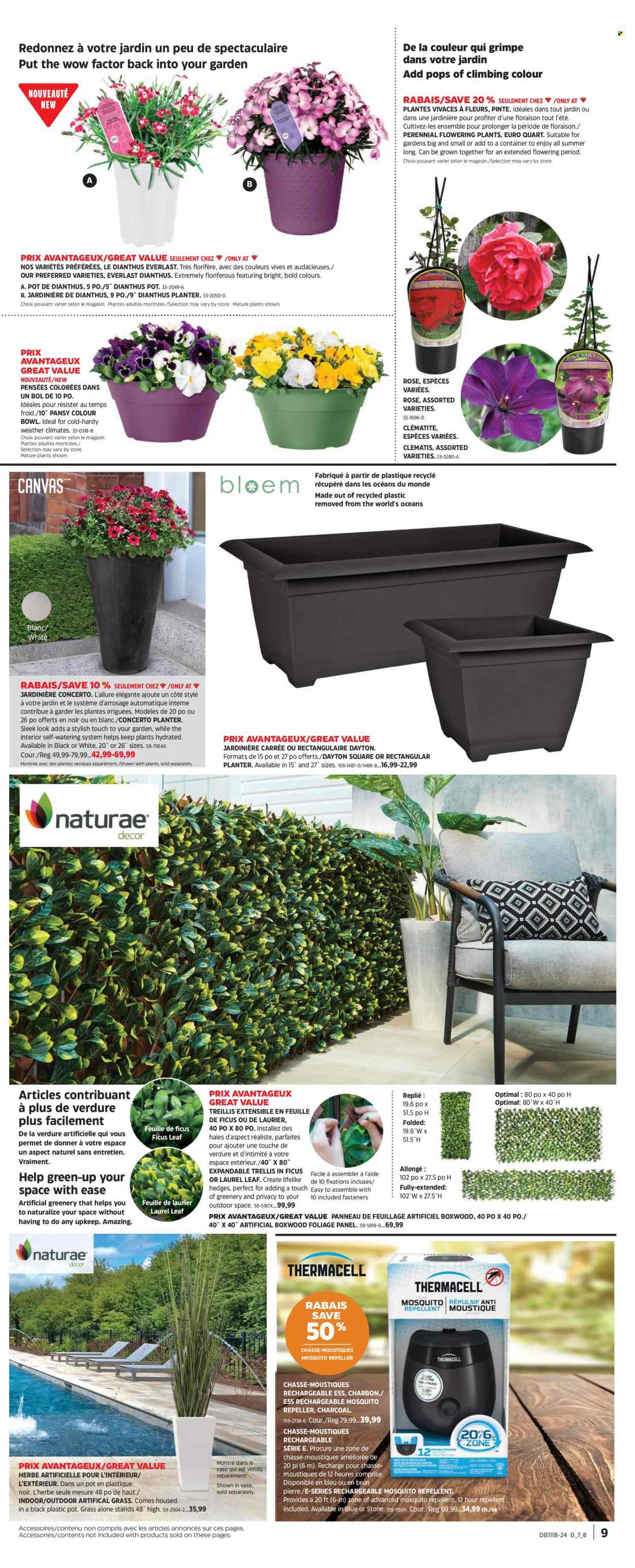 thumbnail - Canadian Tire Flyer - April 25, 2024 - May 15, 2024 - Sales products - repellent, mosquito repeller, bowl, container, Everlast, clematis, dianthus, outdoor flowers, plant pot. Page 8.