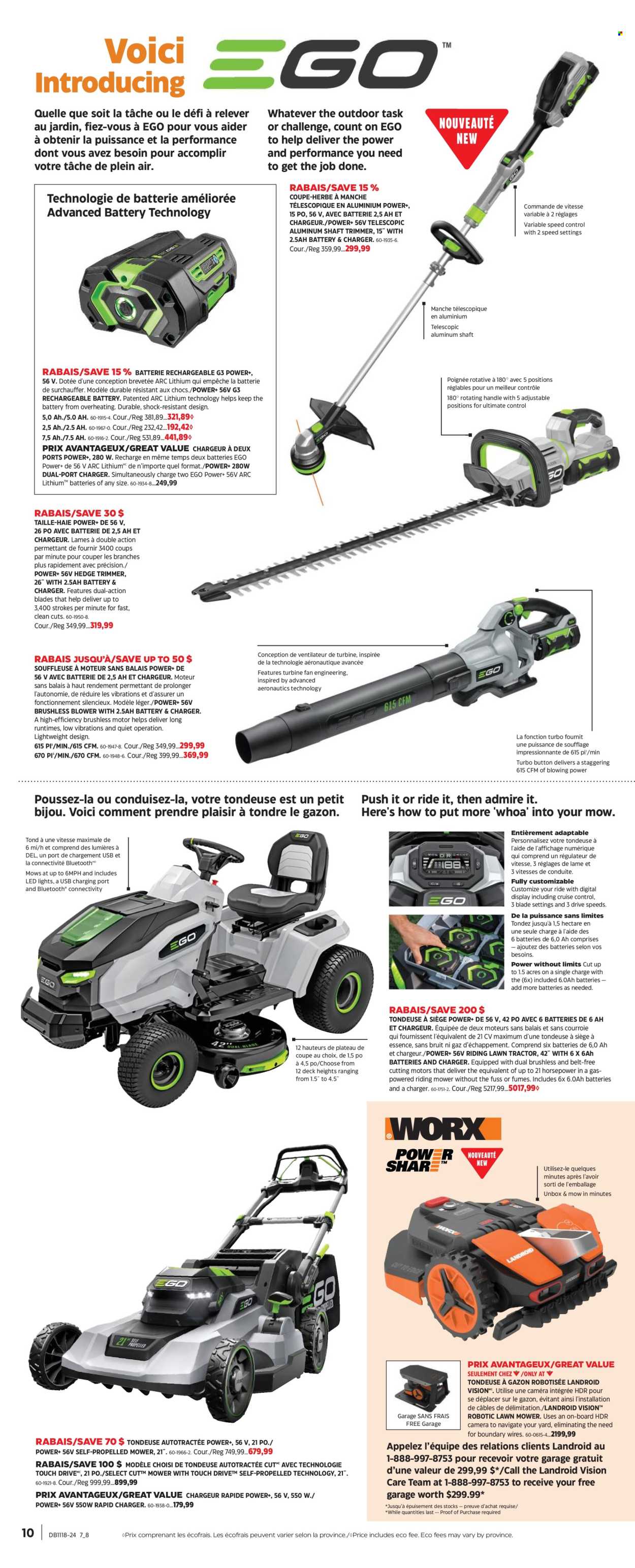thumbnail - Canadian Tire Flyer - April 25, 2024 - May 15, 2024 - Sales products - rechargeable battery, camera, tractor, LED light, Ego, lawn mower, hedge trimmer, blower, belt. Page 9.