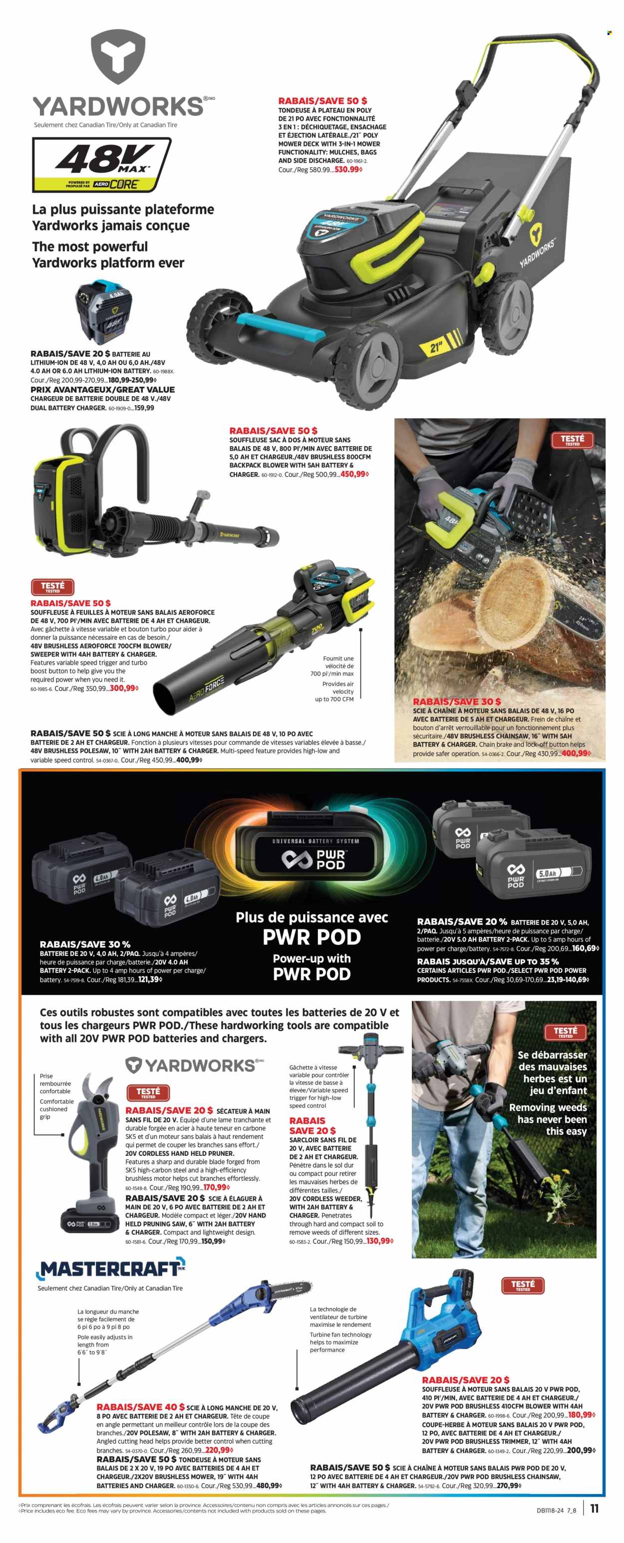 thumbnail - Canadian Tire Flyer - April 25, 2024 - May 15, 2024 - Sales products - bag, battery charger, trimmer, chain saw, saw, pruning saw, blower. Page 10.