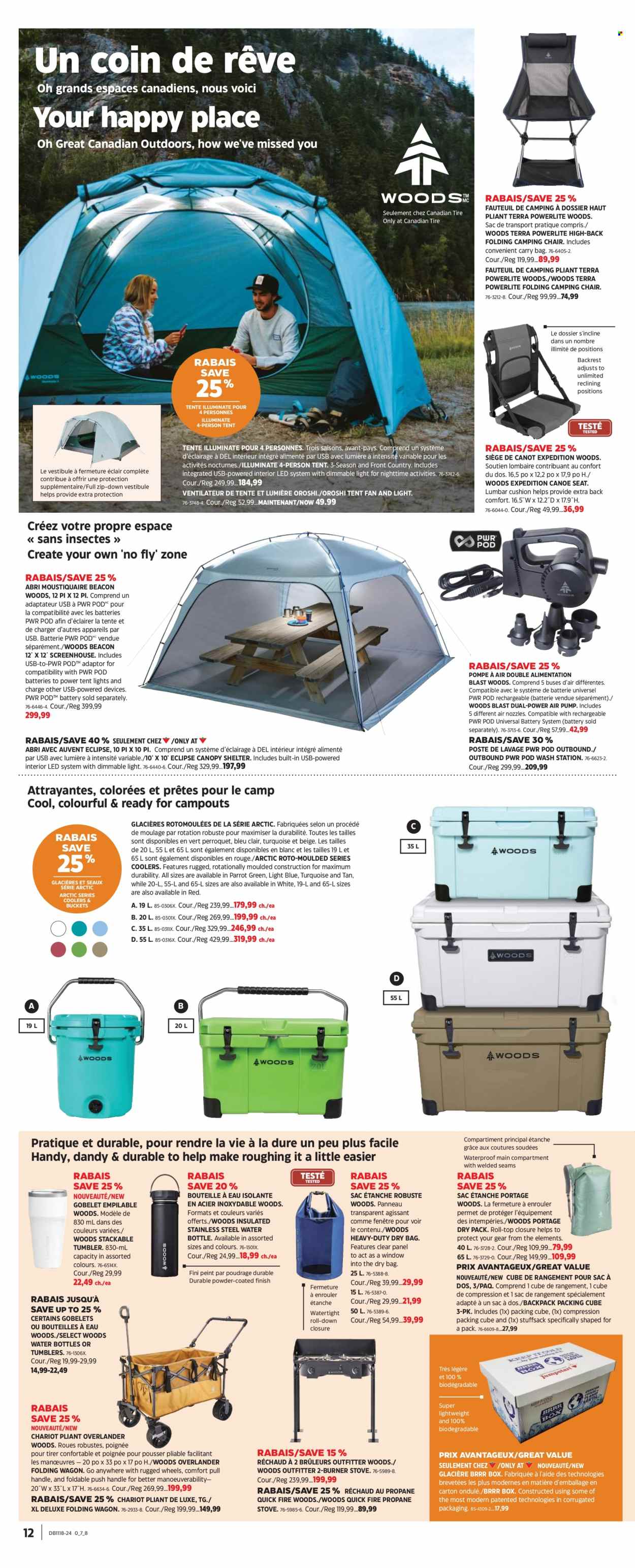 thumbnail - Canadian Tire Flyer - April 25, 2024 - May 15, 2024 - Sales products - chair, bucket, adaptor, tumbler, drink bottle, cushion, back pillow, Parrot, carry bag, pump, canoe, camping chair, dry bag, tent fan, folding wagon, Eclipse. Page 11.