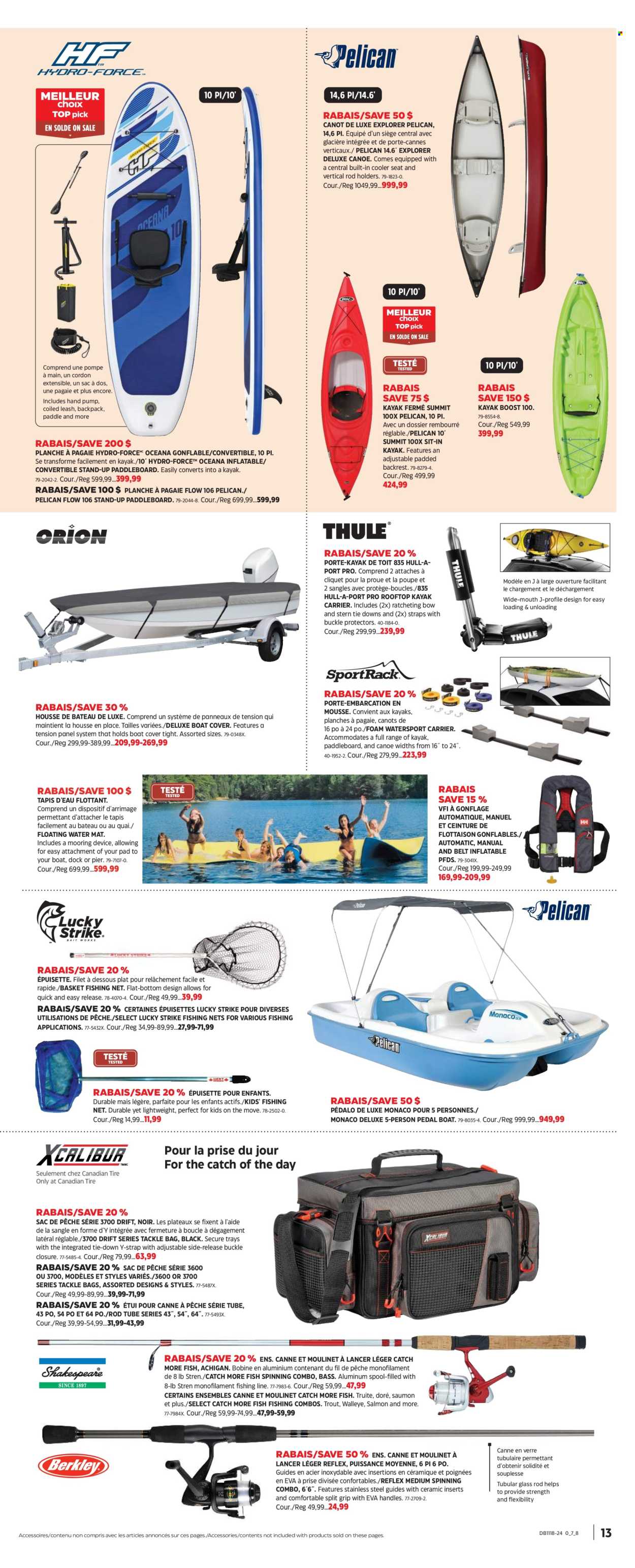 thumbnail - Canadian Tire Flyer - April 25, 2024 - May 15, 2024 - Sales products - basket, back pillow, fish, leash, canoe, paddleboard, boat cover, tackle bag, strap, tie downs. Page 12.