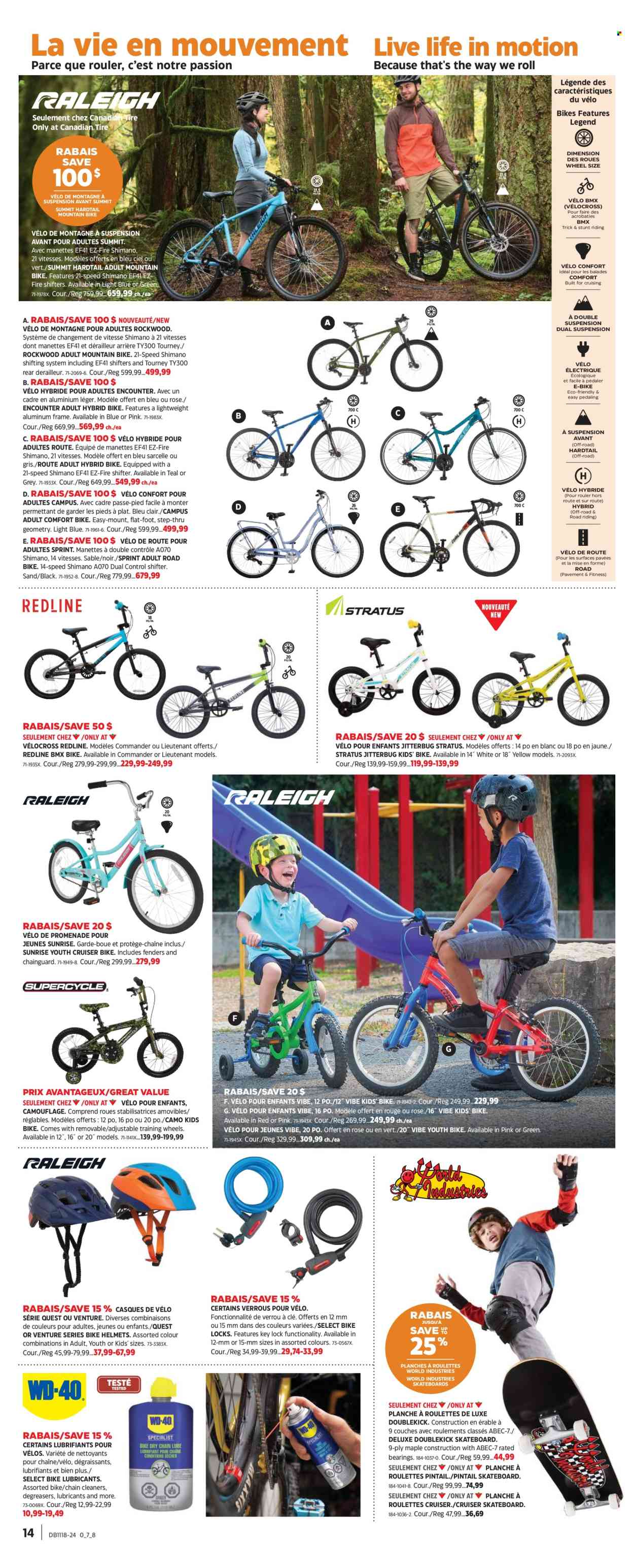thumbnail - Canadian Tire Flyer - April 25, 2024 - May 15, 2024 - Sales products - cleaner, electric bike, Shimano, mountain bike, kids bike, skateboard, fishing rod, cruiser, lubricant, rose. Page 13.