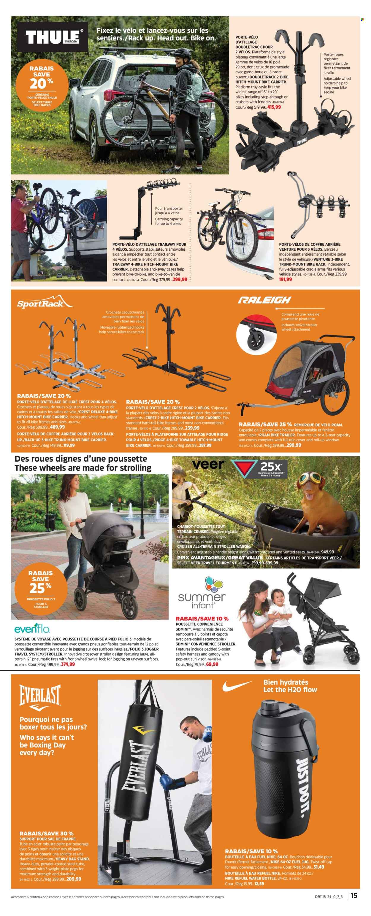 thumbnail - Canadian Tire Flyer - April 25, 2024 - May 15, 2024 - Sales products - plate, drink bottle, Nike, heavy bag, bike rack, wagon, vehicle, trailer, cruiser, Thule, window, bike carrier. Page 14.