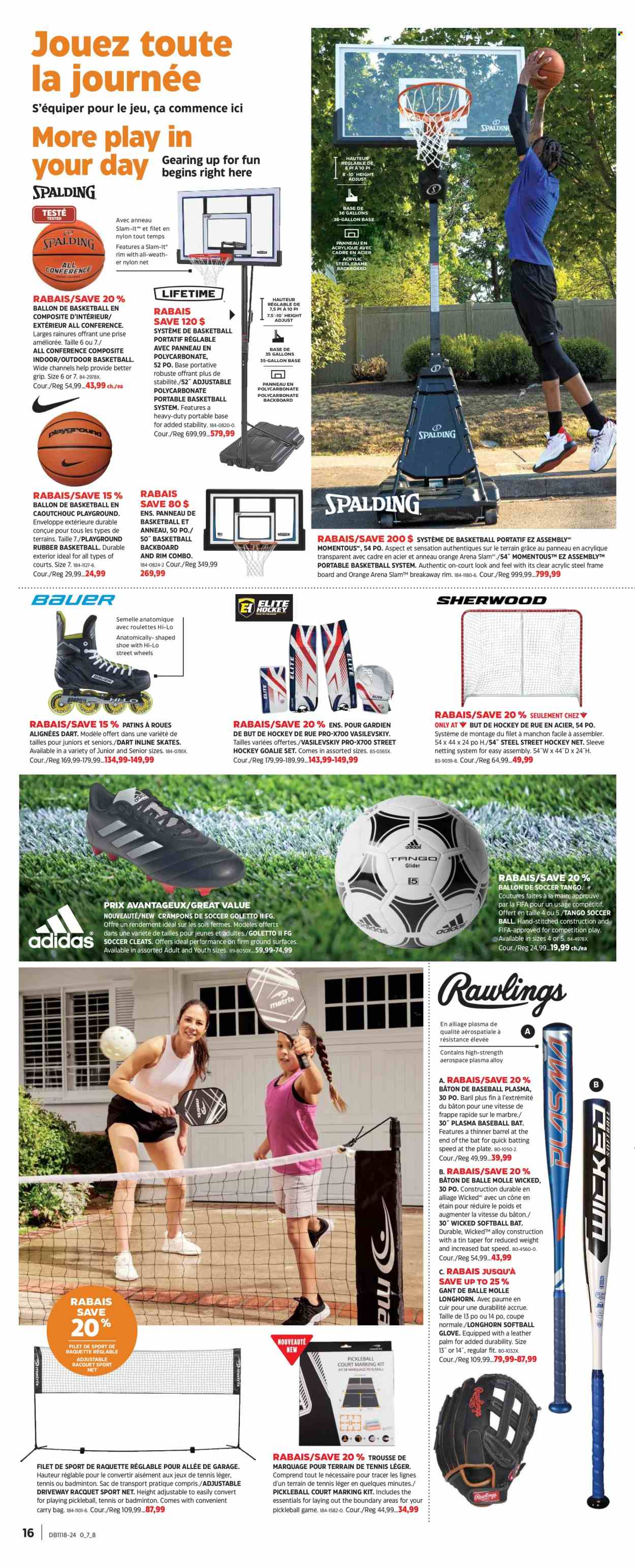 thumbnail - Canadian Tire Flyer - April 25, 2024 - May 15, 2024 - Sales products - gallon, eraser, carry bag, shoes, cleats, soccer cleats, portable basketball system, basketball hoop, playground ball, inline skates, skates, baseball bat, palm. Page 15.